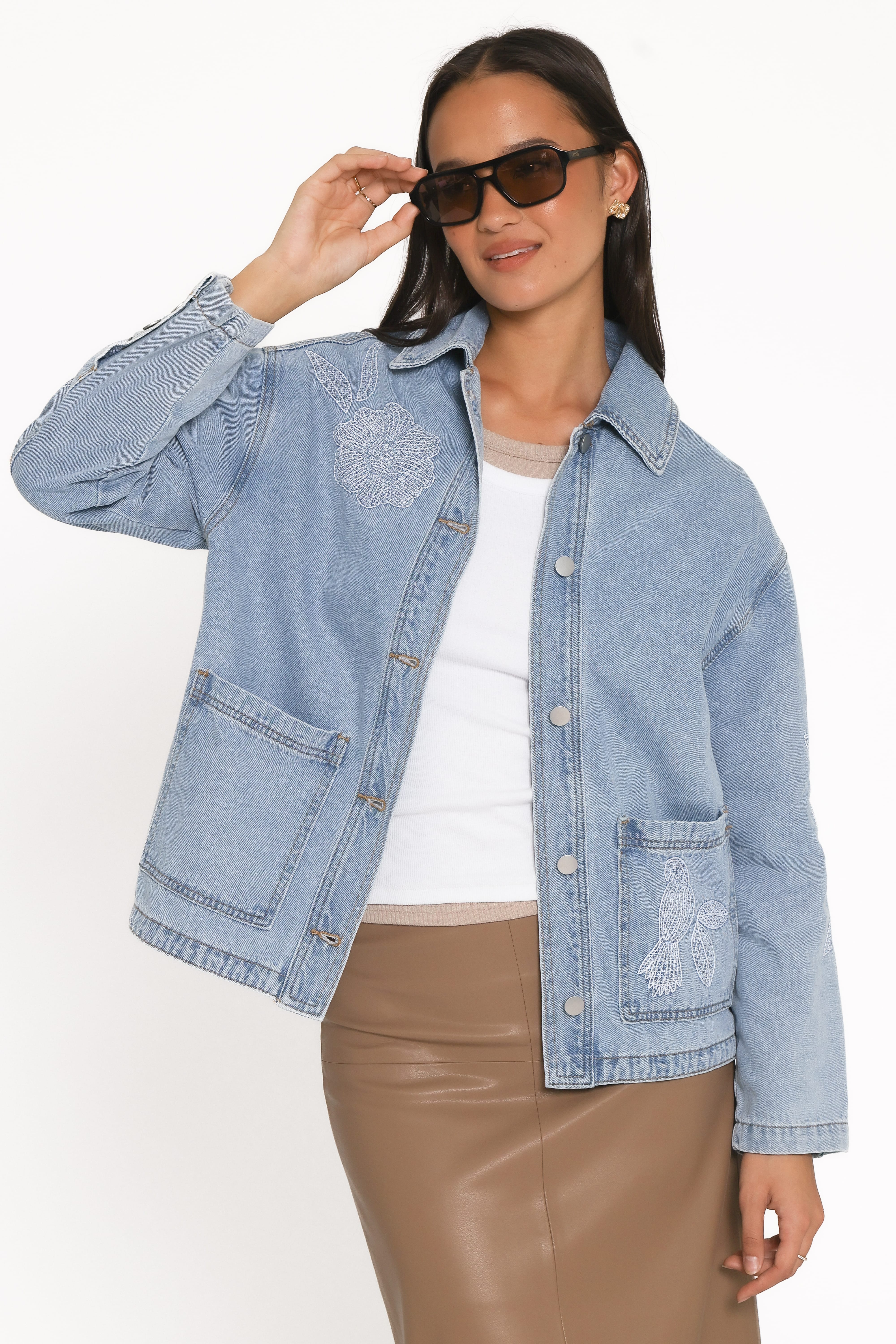 Mora Embroidered Denim Shacket - Light Wash-Tactilefable