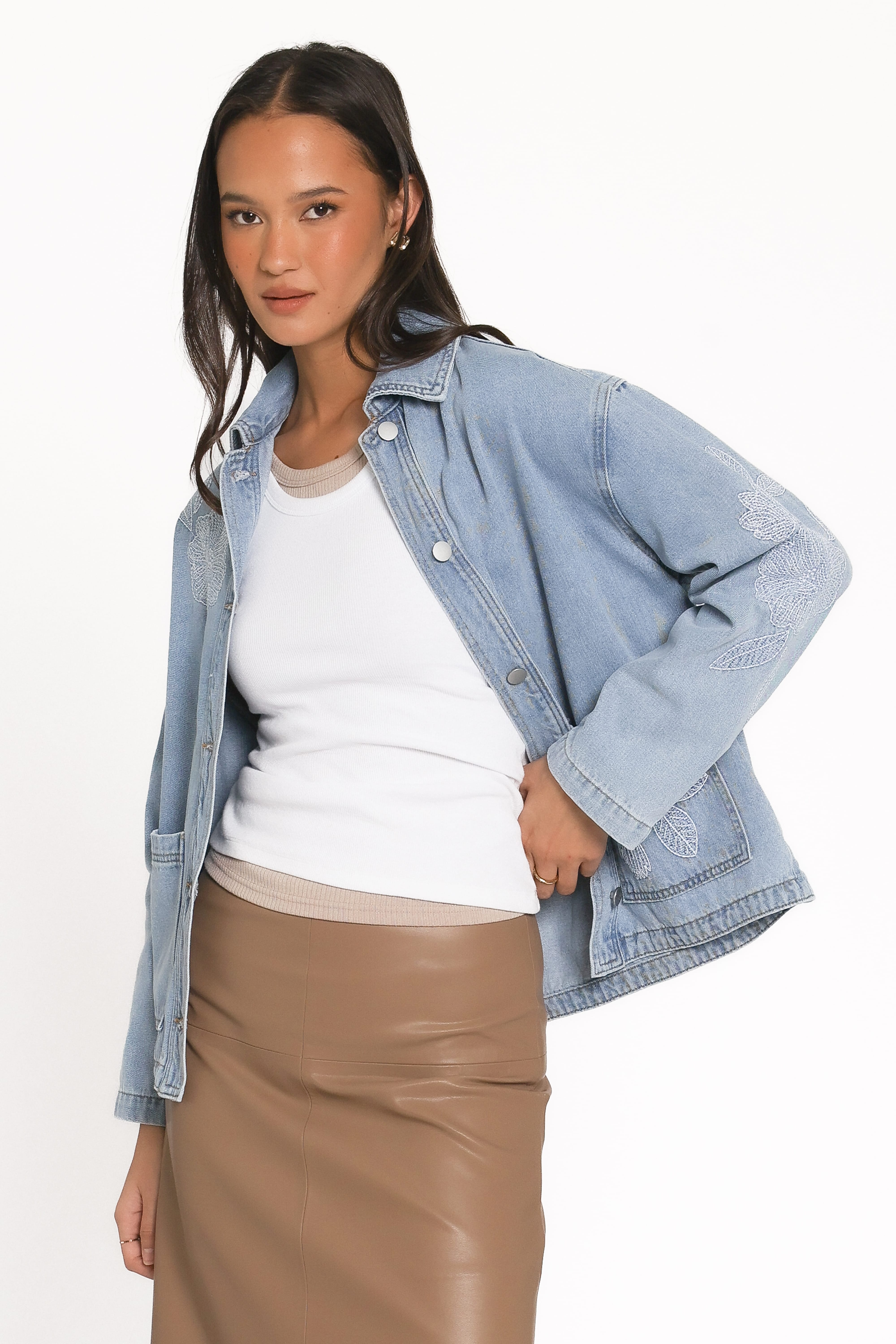 Mora Embroidered Denim Shacket - Light Wash-Tactilefable