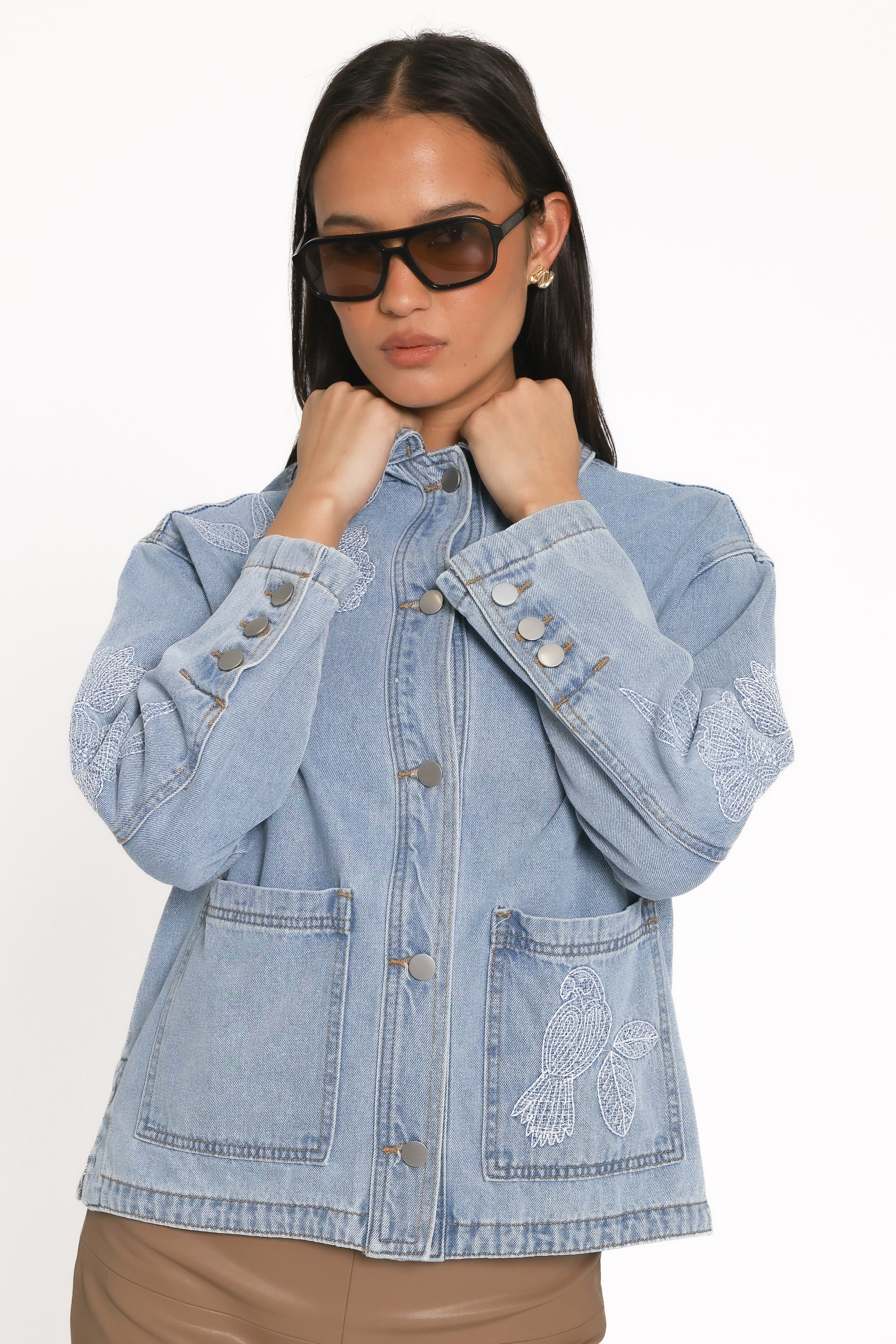 Mora Embroidered Denim Shacket - Light Wash-Tactilefable
