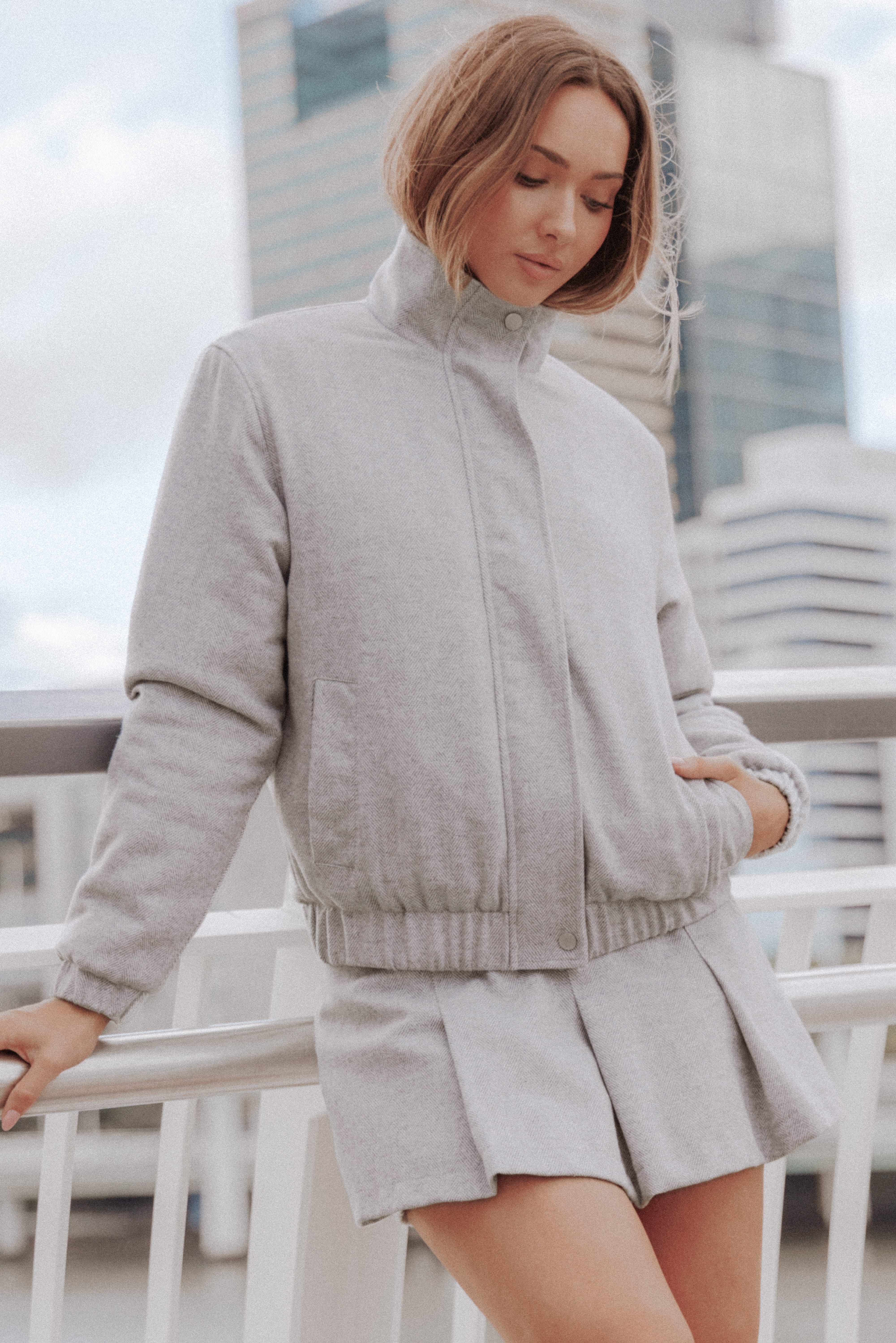 Peyton Funnel Neck Bomber Jacket - Grey Herringbone-Tactilefable