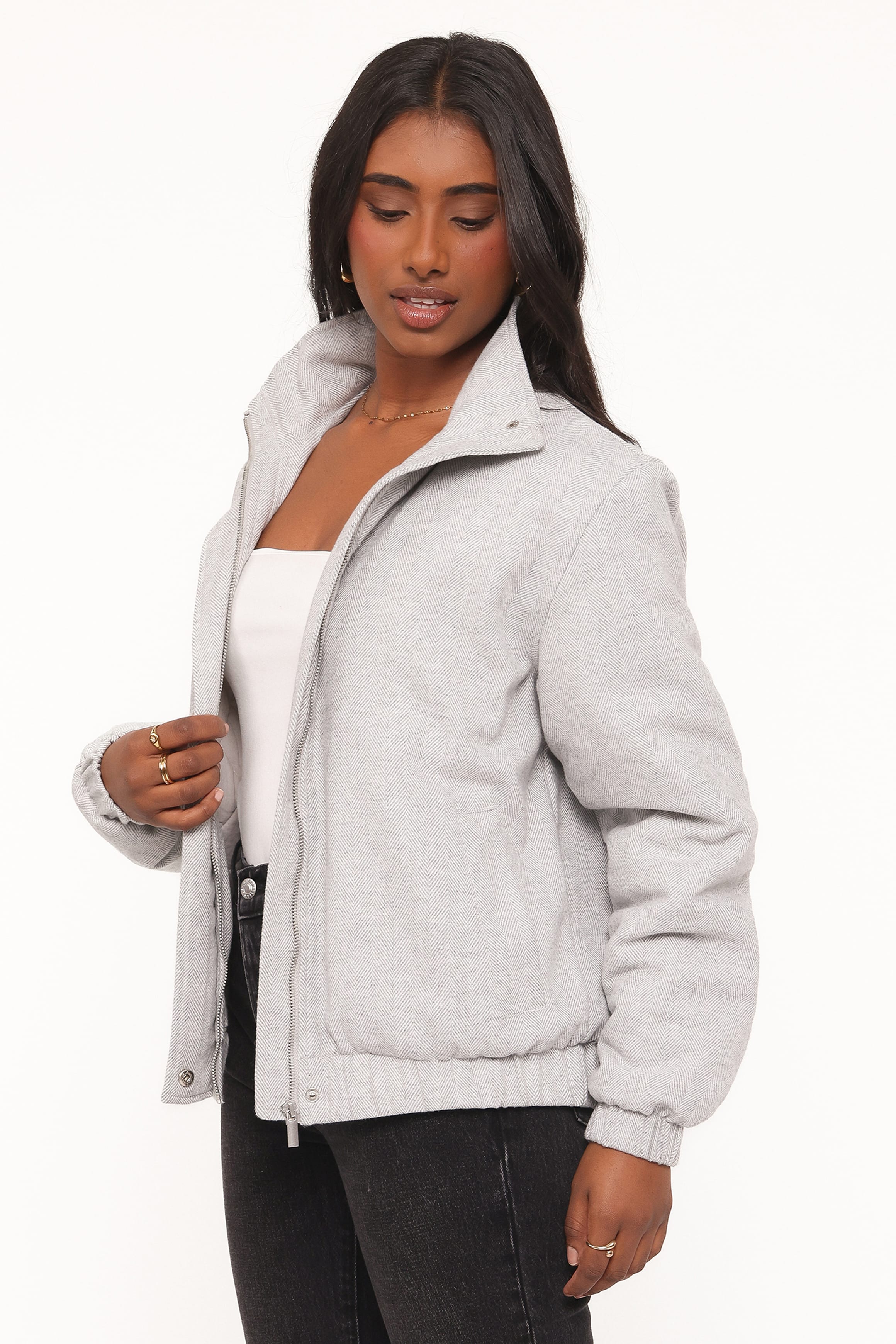 Peyton Funnel Neck Bomber Jacket - Grey Herringbone-Tactilefable