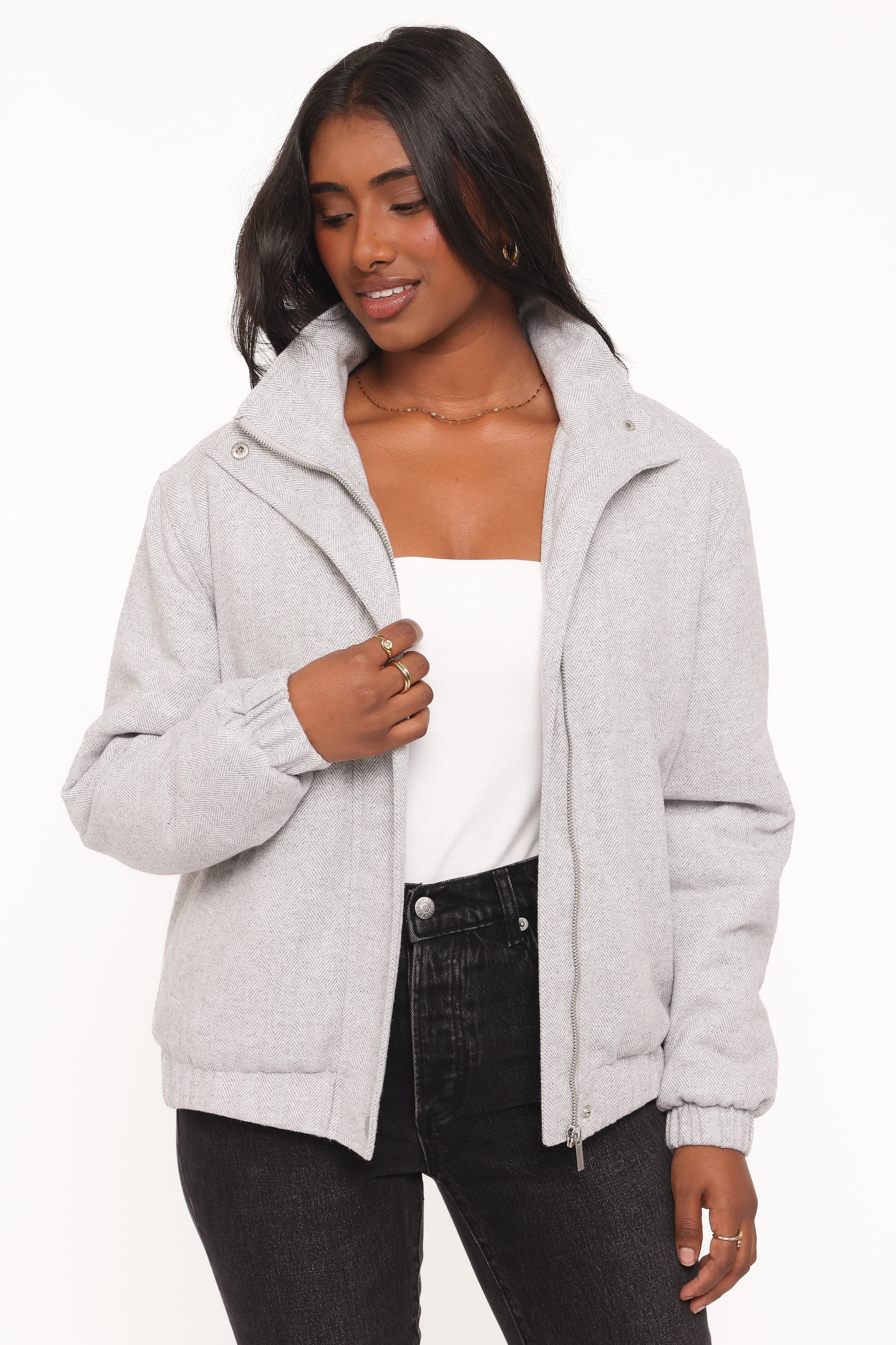 Peyton Funnel Neck Bomber Jacket - Grey Herringbone-Tactilefable