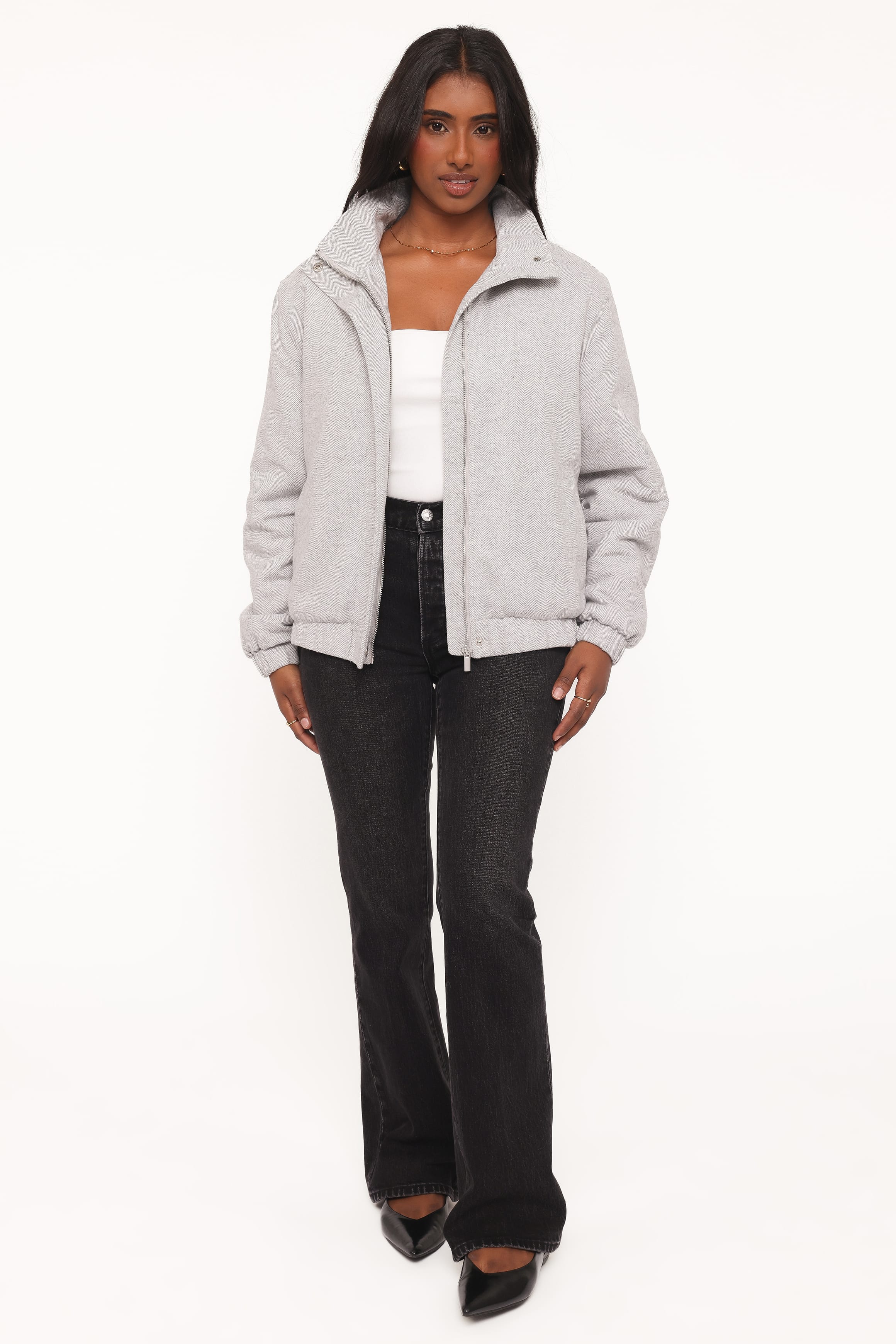 Peyton Funnel Neck Bomber Jacket - Grey Herringbone-Tactilefable