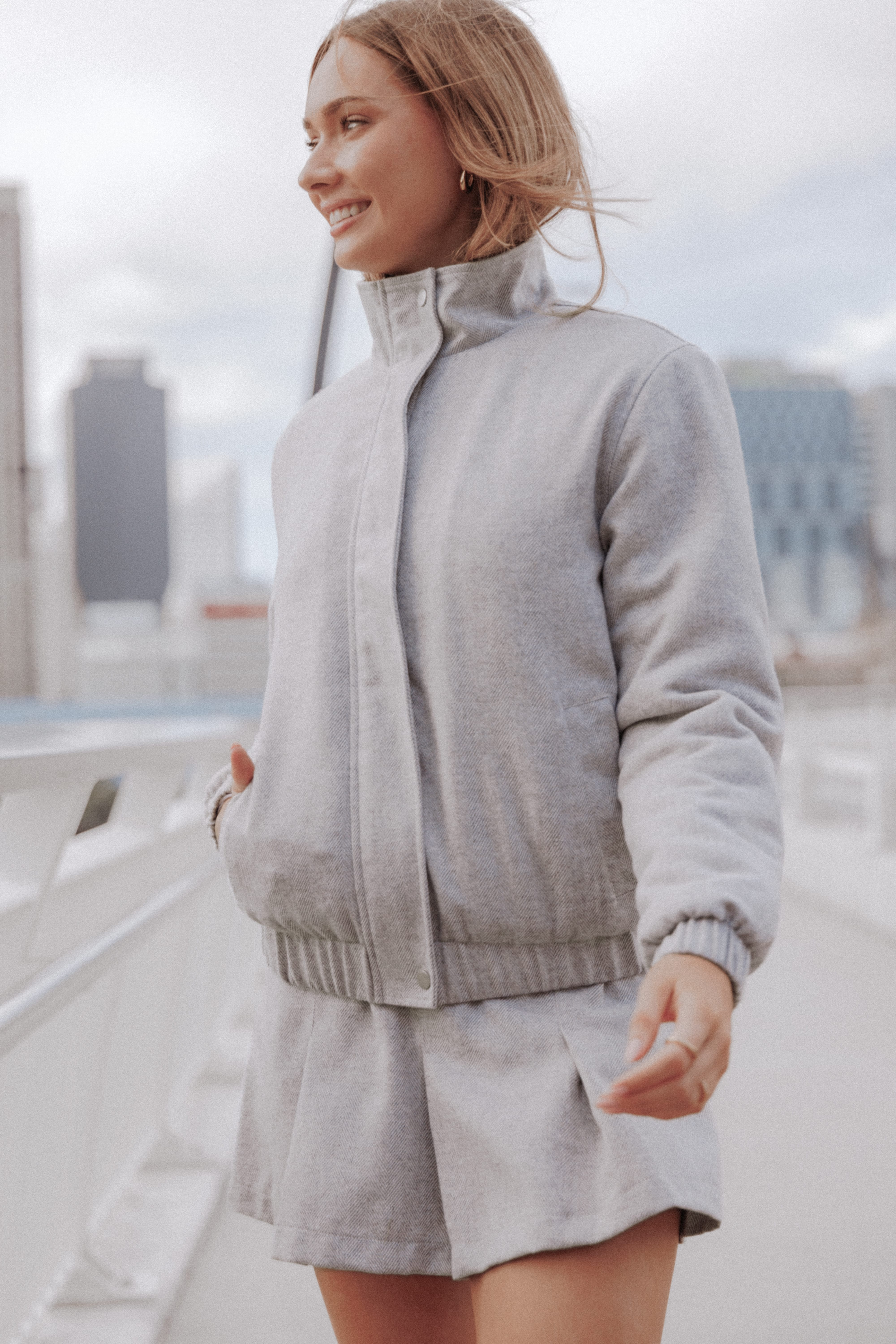 Peyton Funnel Neck Bomber Jacket - Grey Herringbone-Tactilefable