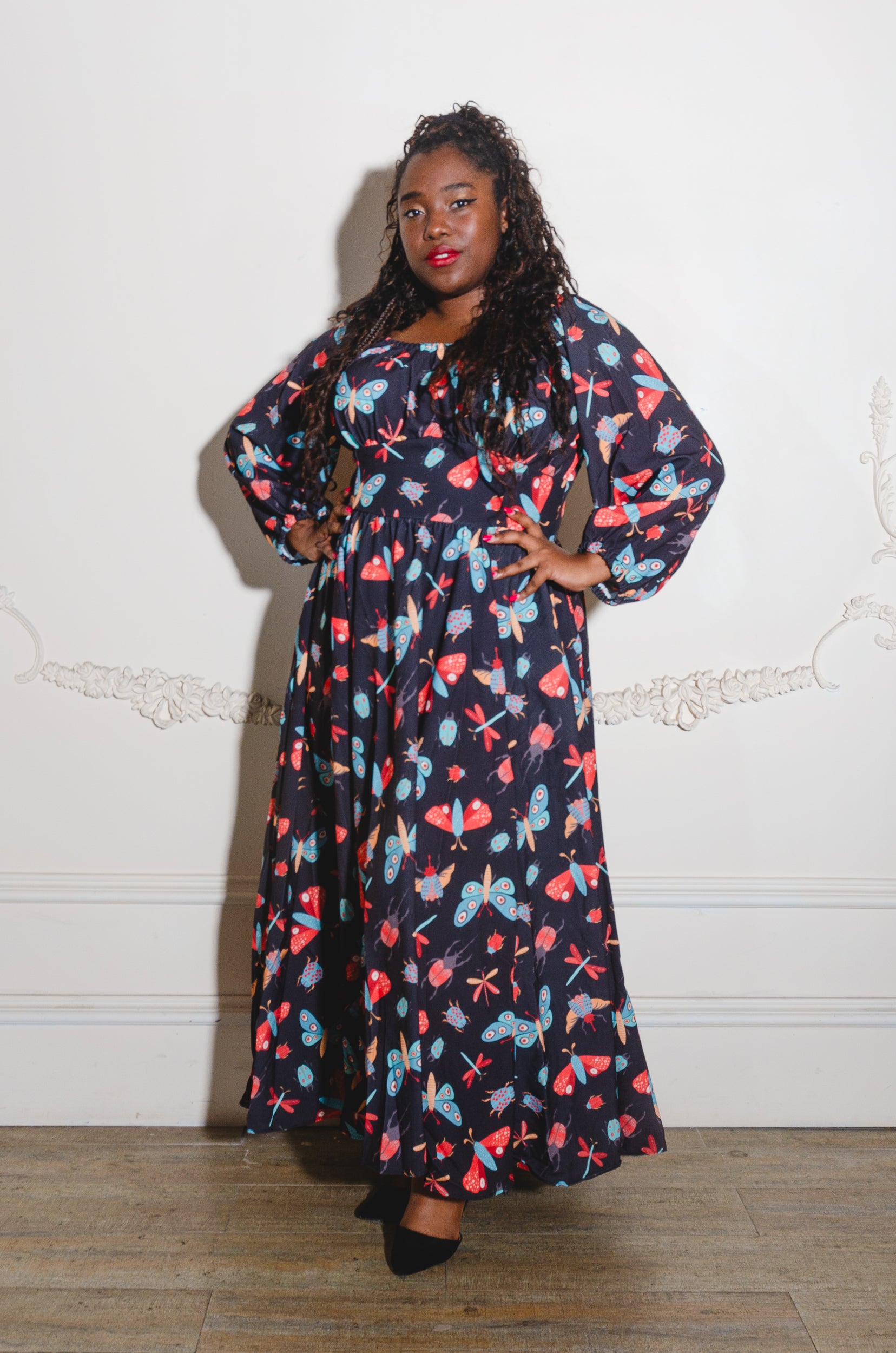 Swann 70s Maxi Dress in Insect Print Crepe | Laura Byrnes-Tactilefable