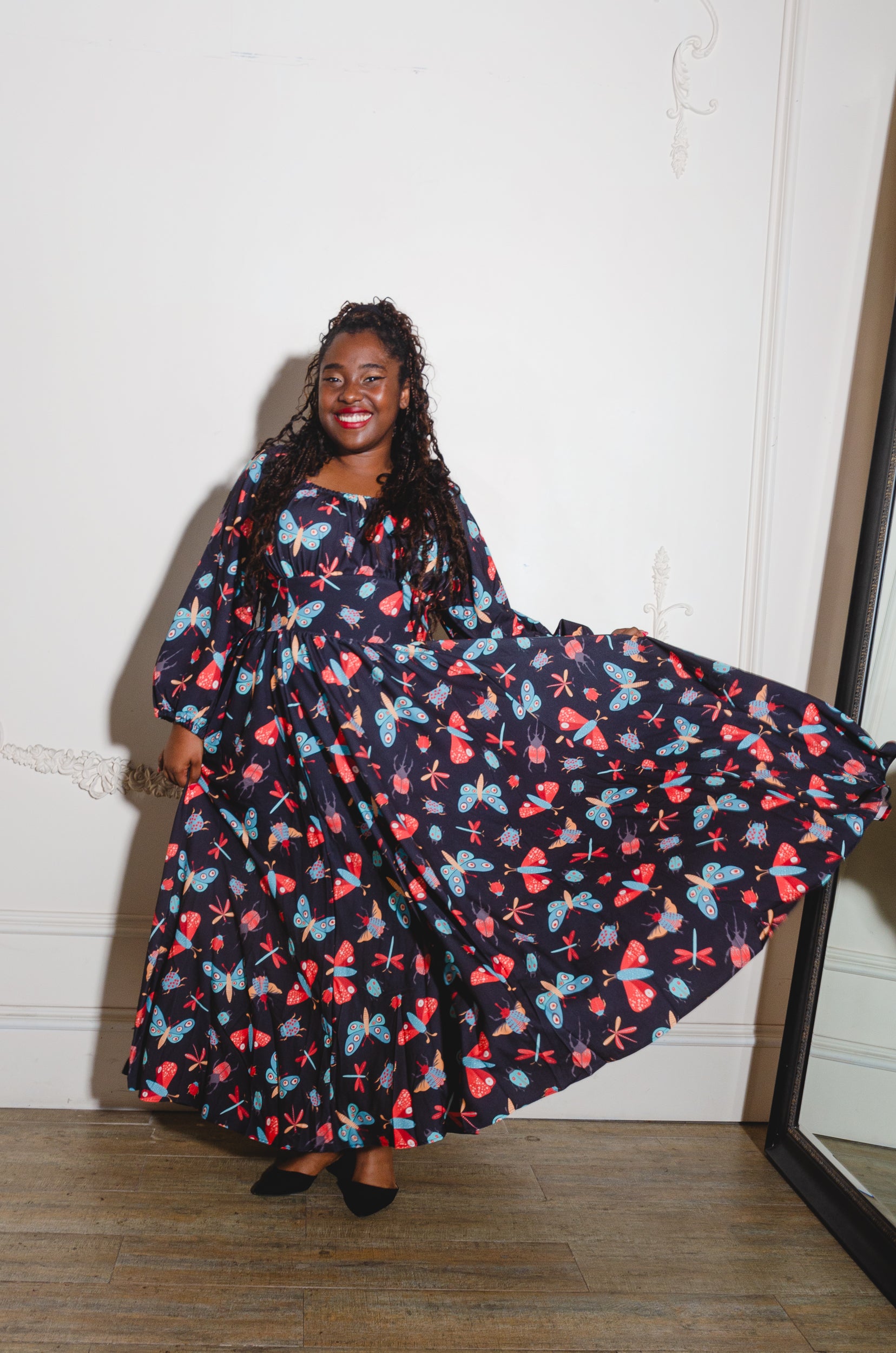 Swann 70s Maxi Dress in Insect Print Crepe | Laura Byrnes-Tactilefable