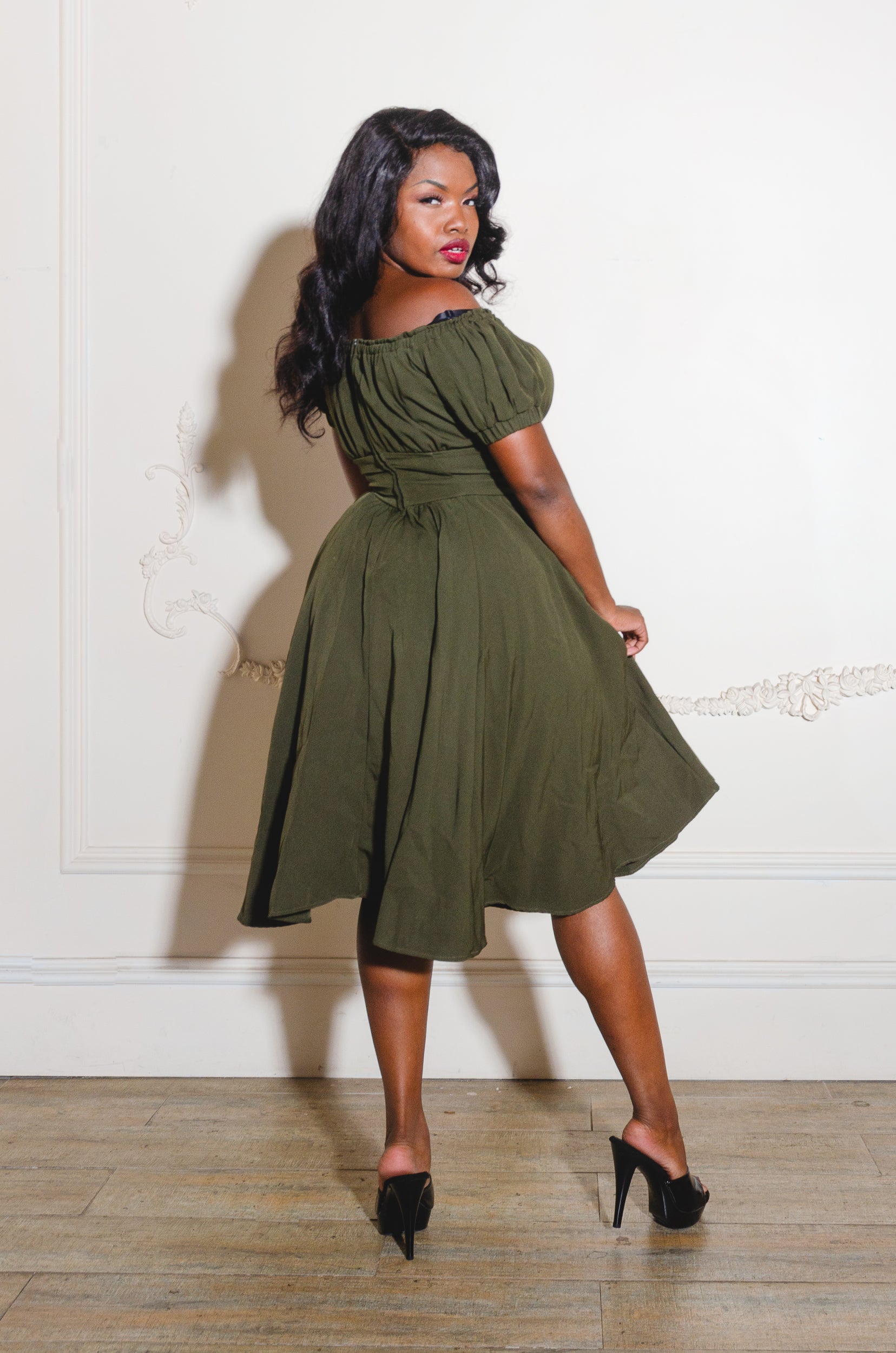 Marie-Therese Peasant Dress with Short Sleeves in Olive Poly Crepe | Pinup Couture-Tactilefable