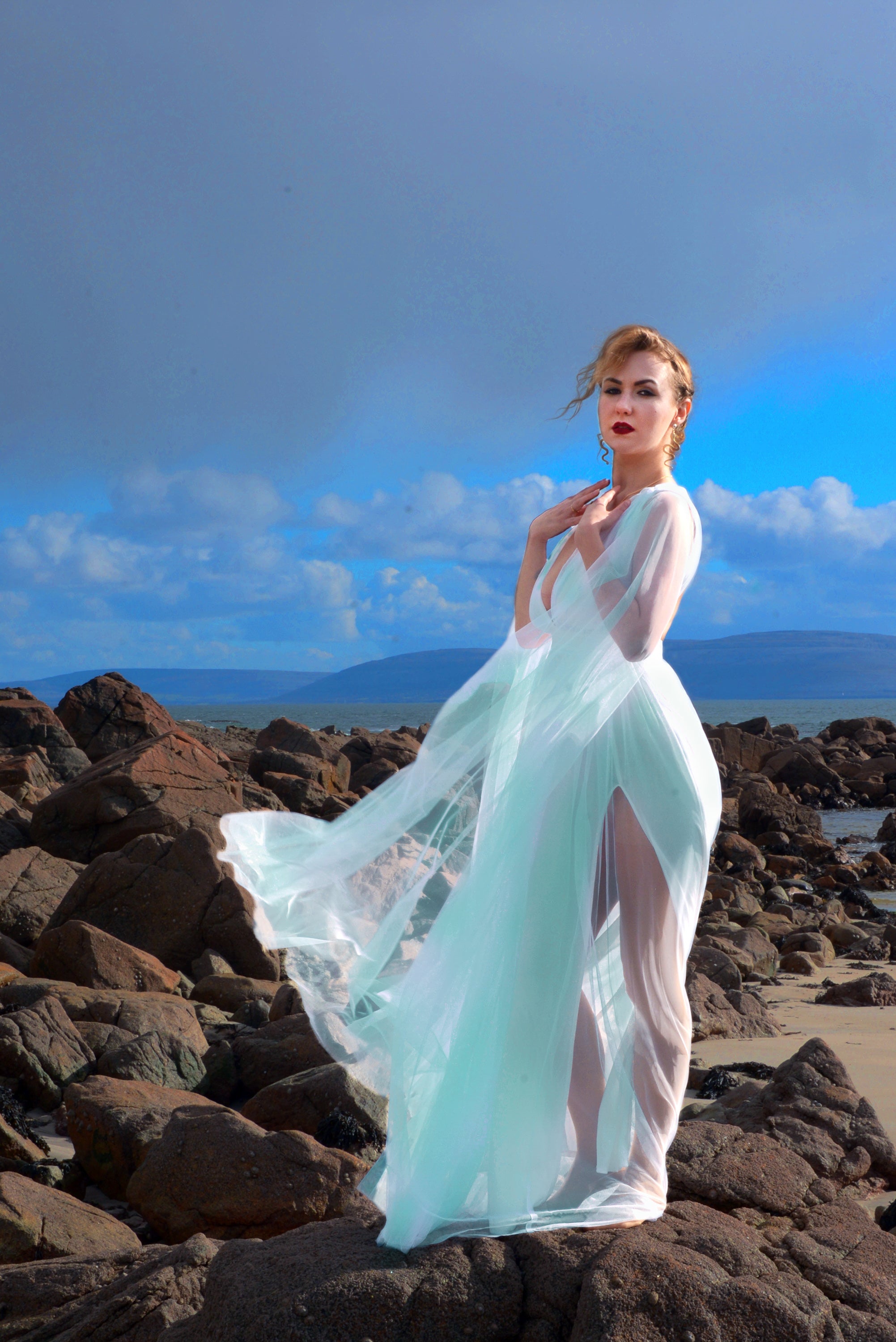 Bombshell Plunge Maxi Gown in Aqua Mint with Sheer Mesh Sleeves | Gothic Glamour-Tactilefable