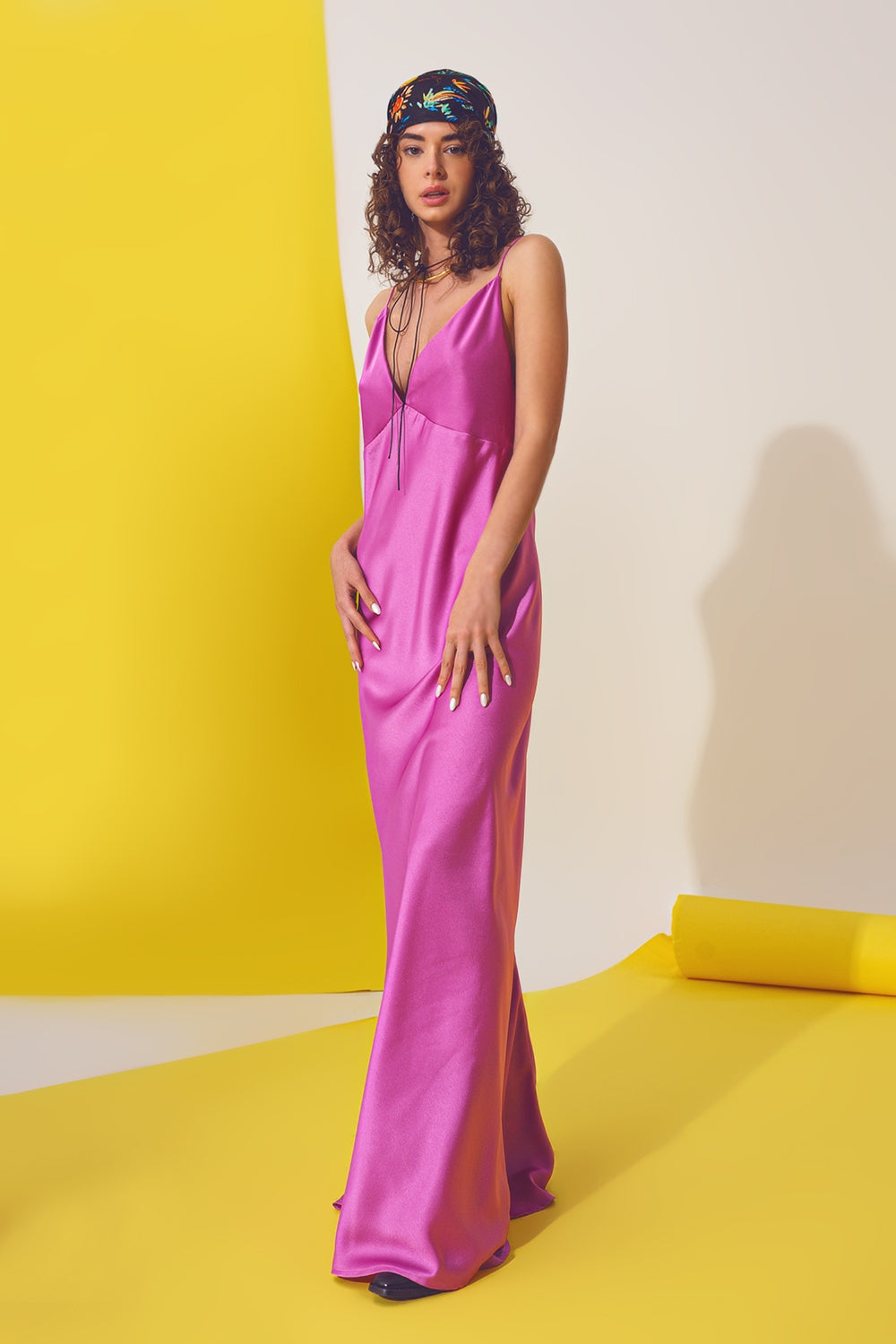Satin Maxi Dress With Spaghetti Straps in Fuchsia | Q2-Tactilefable