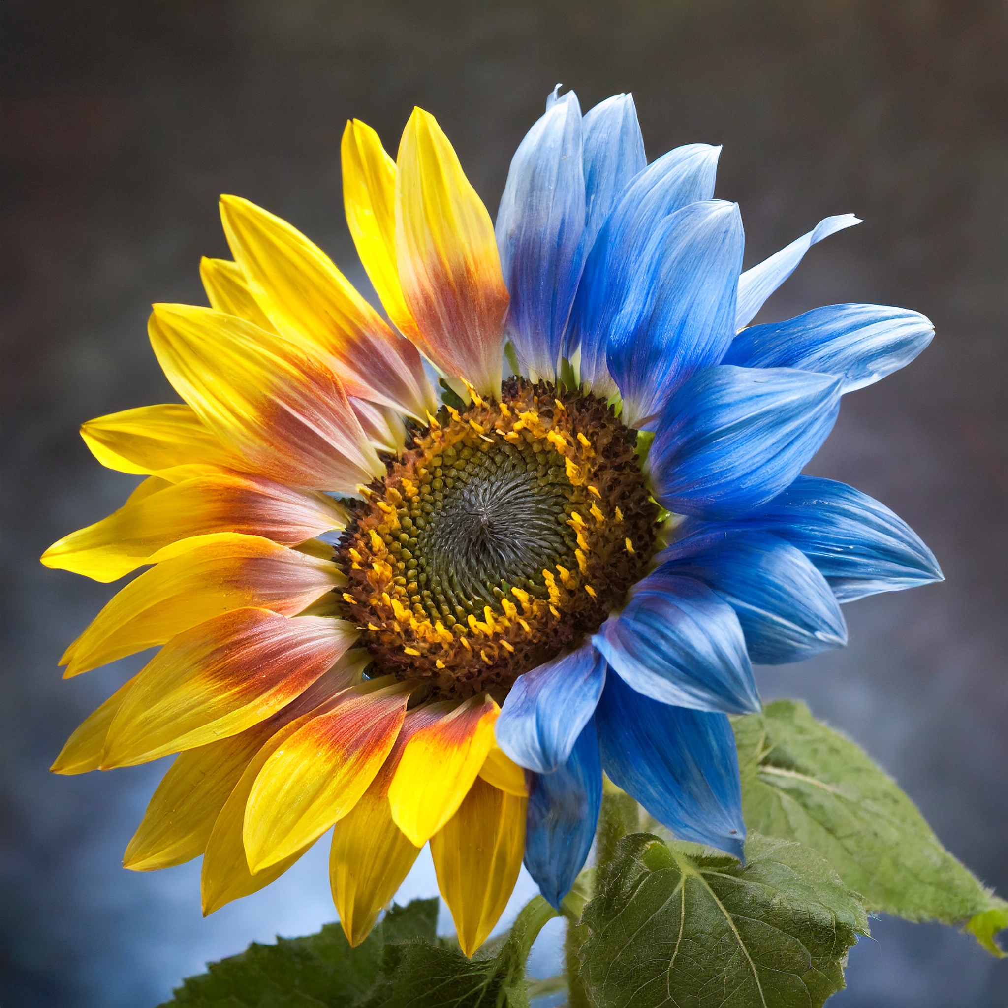 Zwillingsblüte Halb blaue, halb gelbe Sonnenblume