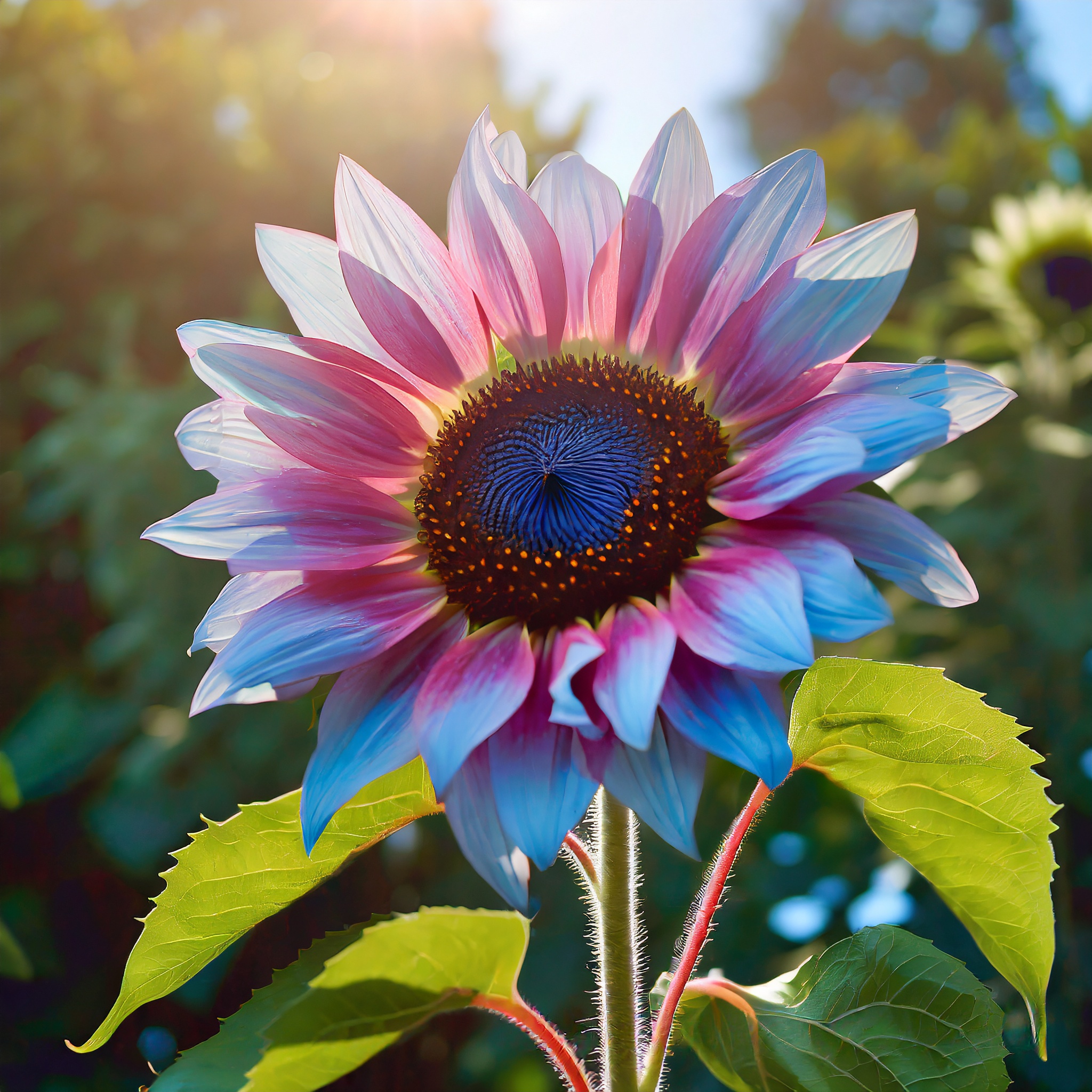 Zwillingsblüte blau über rosa Sonnenblumenkerne