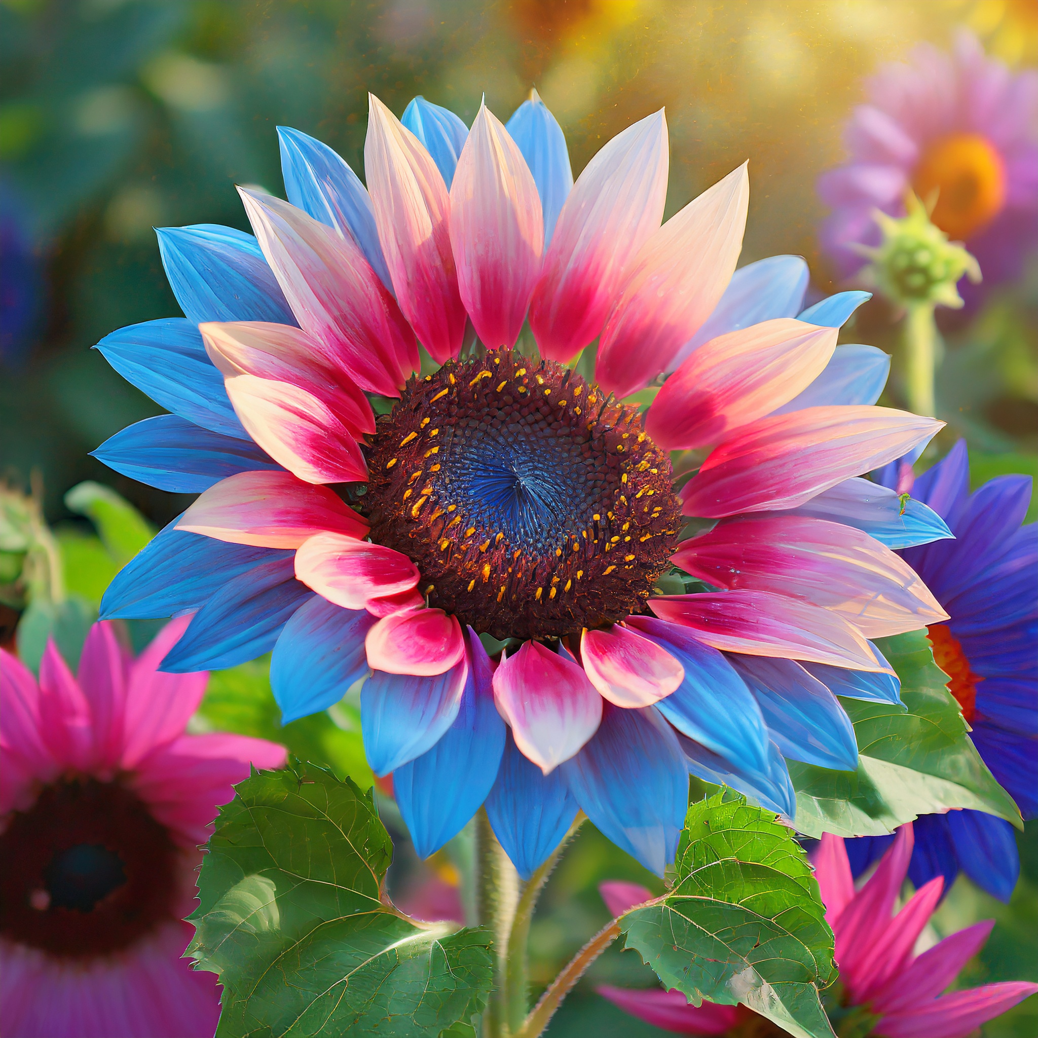 Zwillingsblüte blau über rosa Sonnenblumenkerne
