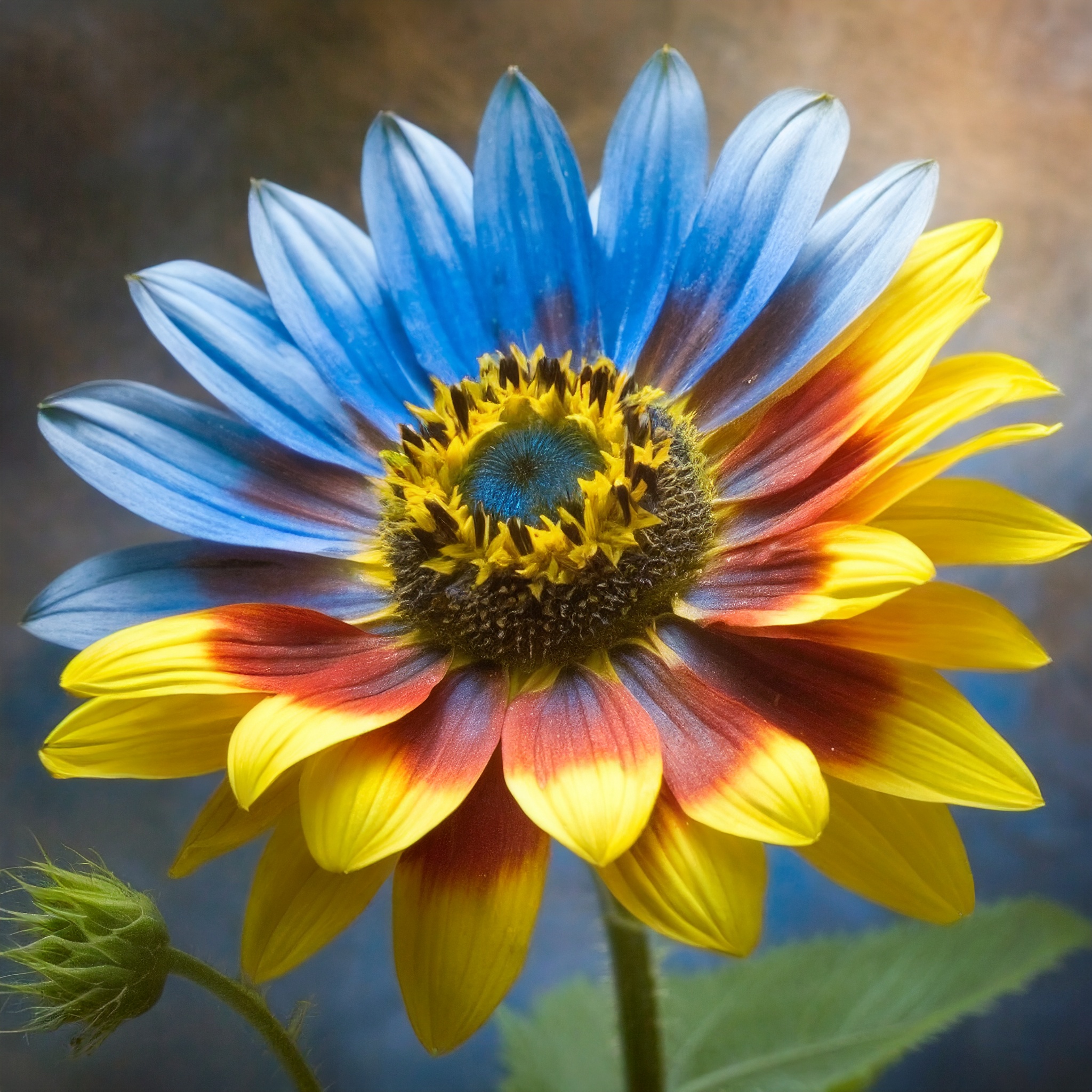 Zwillingsblüte Halb blaue, halb gelbe Sonnenblume
