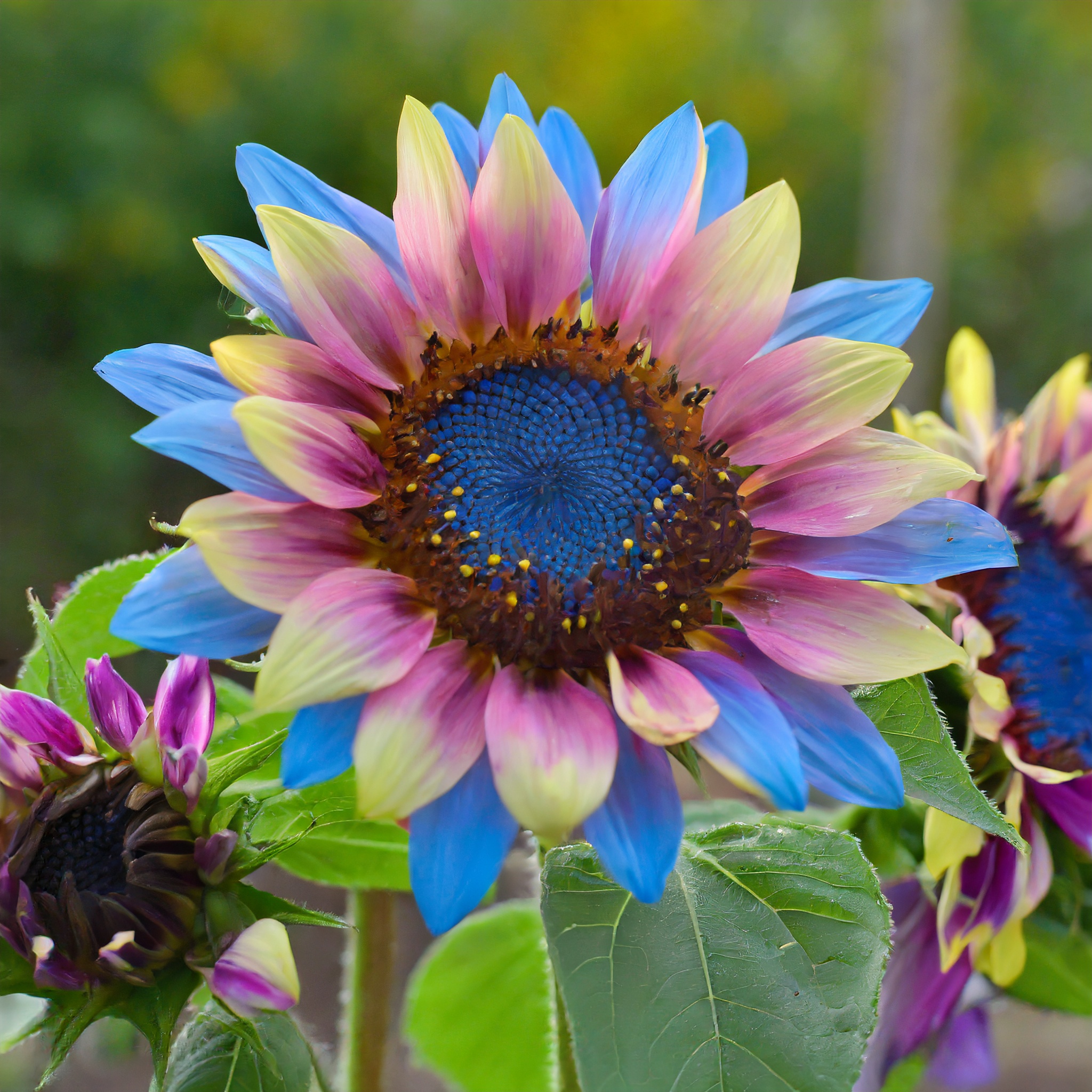 Zwillingsblüte blau über rosa Sonnenblumenkerne
