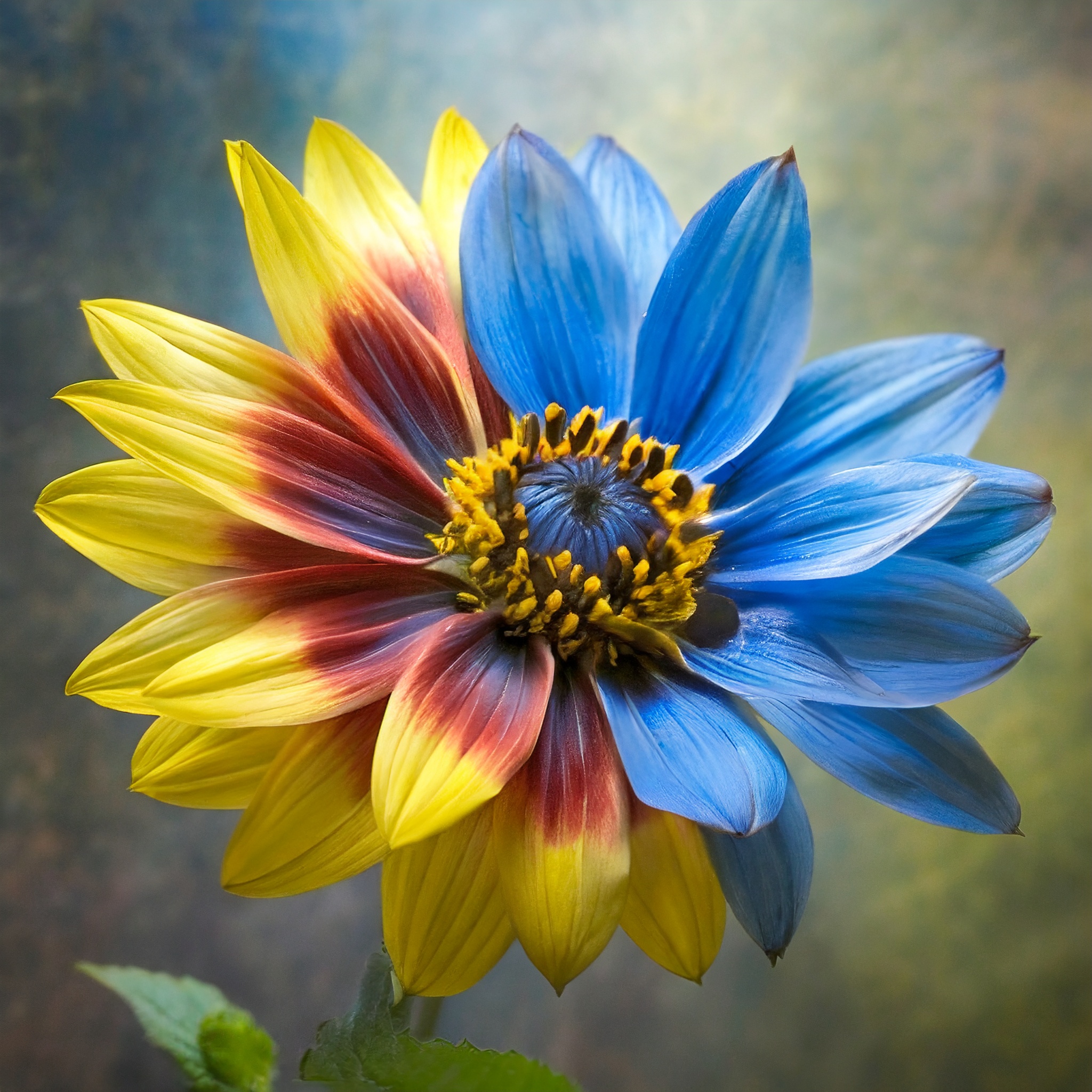 Zwillingsblüte Halb blaue, halb gelbe Sonnenblume