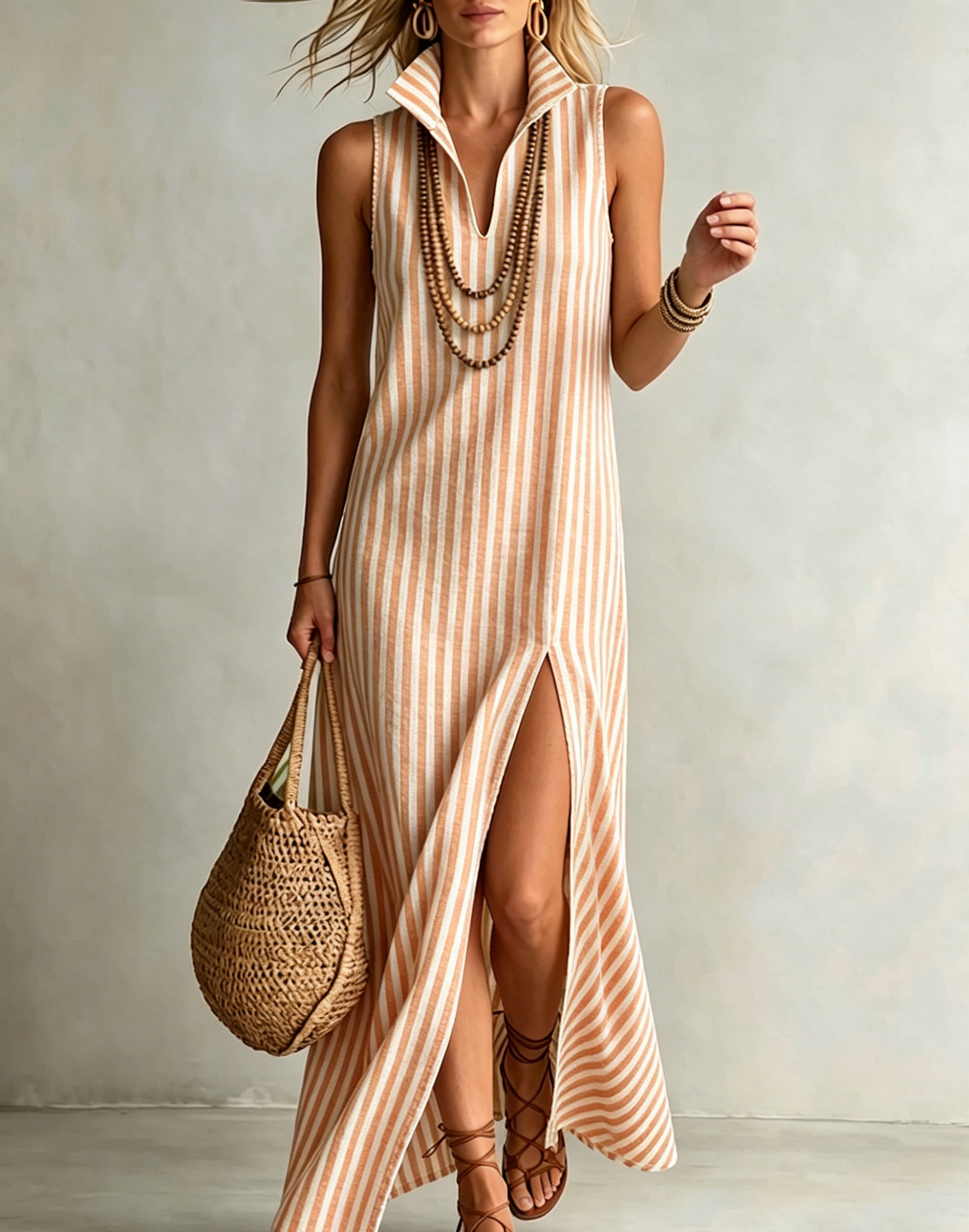 Stylish Classic Striped Stand-collar Cotton-linen Maxi Dress