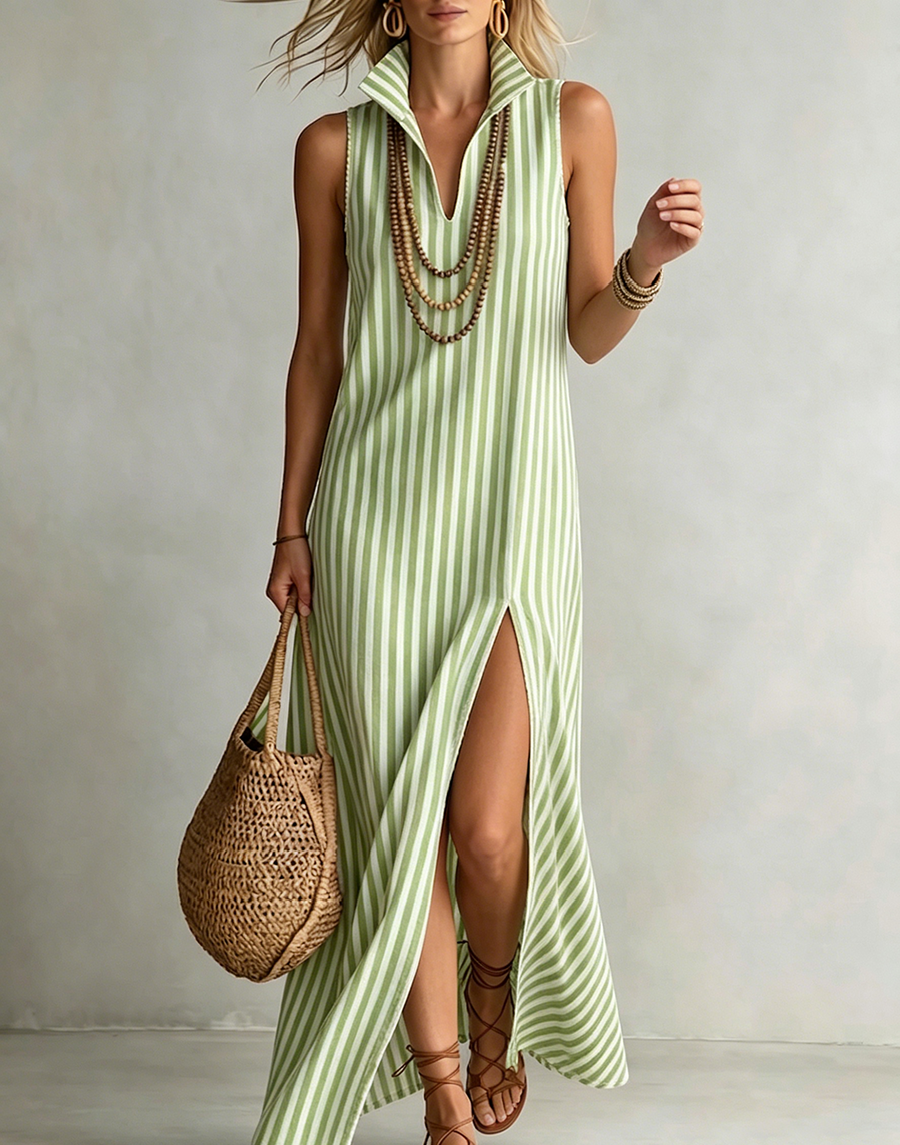 Stylish Classic Striped Stand-collar Cotton-linen Maxi Dress