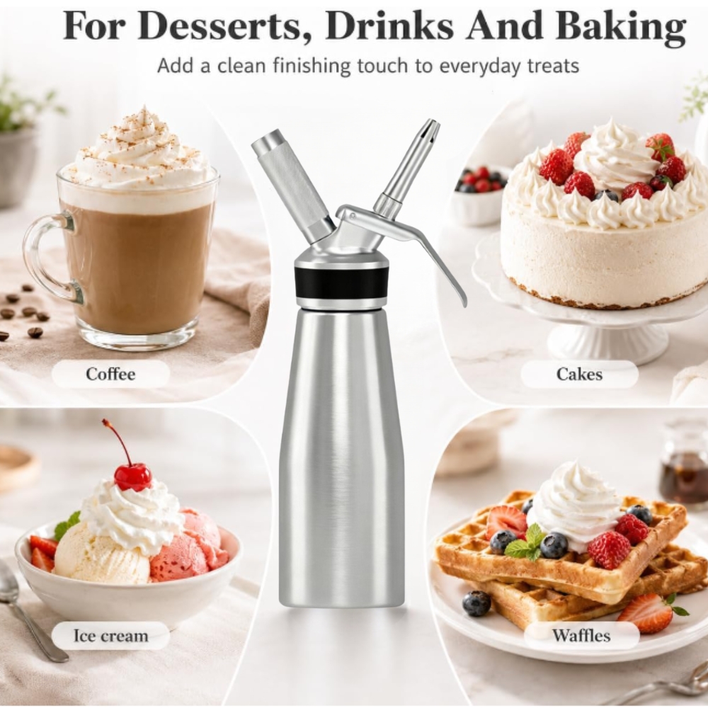 Aluminum Whipped Cream Dispenser 500ml /1 Pint Cream Whipper with 3 Stainless Steel & Brush, Create Perfect Desserts & Coffee Toppings, Leak-Free Whipped Cream Maker