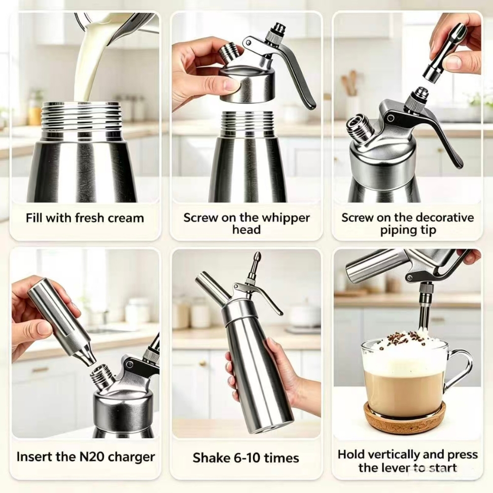 Aluminum Whipped Cream Dispenser 500ml /1 Pint Cream Whipper with 3 Stainless Steel & Brush, Create Perfect Desserts & Coffee Toppings, Leak-Free Whipped Cream Maker
