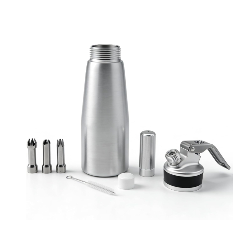 Aluminum Whipped Cream Dispenser 500ml /1 Pint Cream Whipper with 3 Stainless Steel & Brush, Create Perfect Desserts & Coffee Toppings, Leak-Free Whipped Cream Maker