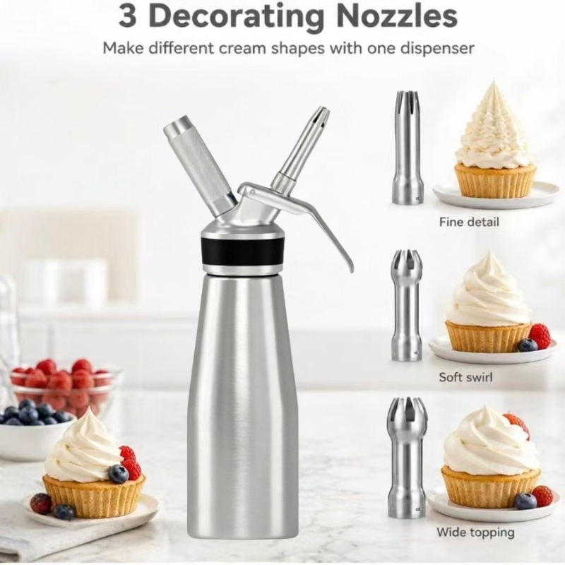 Aluminum Whipped Cream Dispenser 500ml /1 Pint Cream Whipper with 3 Stainless Steel & Brush, Create Perfect Desserts & Coffee Toppings, Leak-Free Whipped Cream Maker