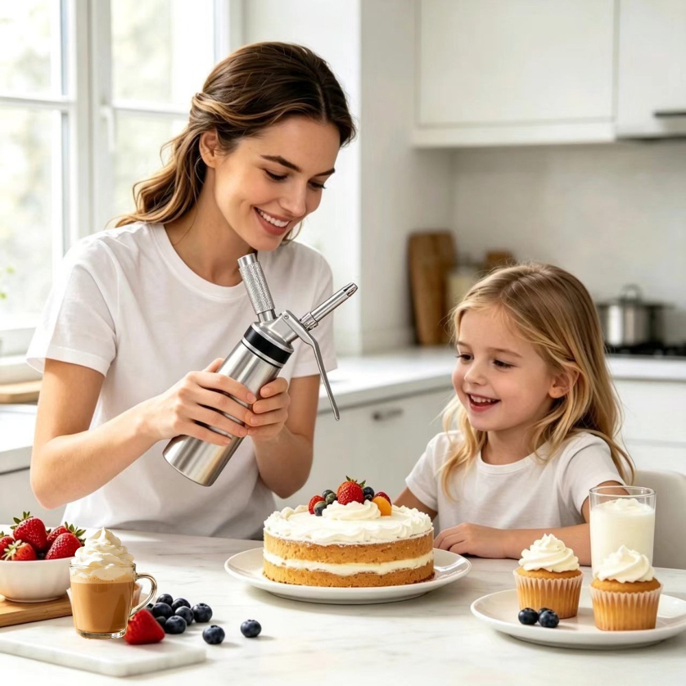 Aluminum Whipped Cream Dispenser 500ml /1 Pint Cream Whipper with 3 Stainless Steel & Brush, Create Perfect Desserts & Coffee Toppings, Leak-Free Whipped Cream Maker