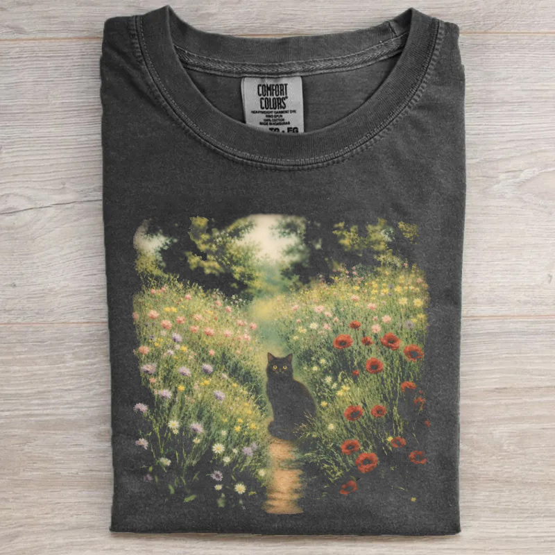 Vintage Black Cat Wildflower Meadow Shirt