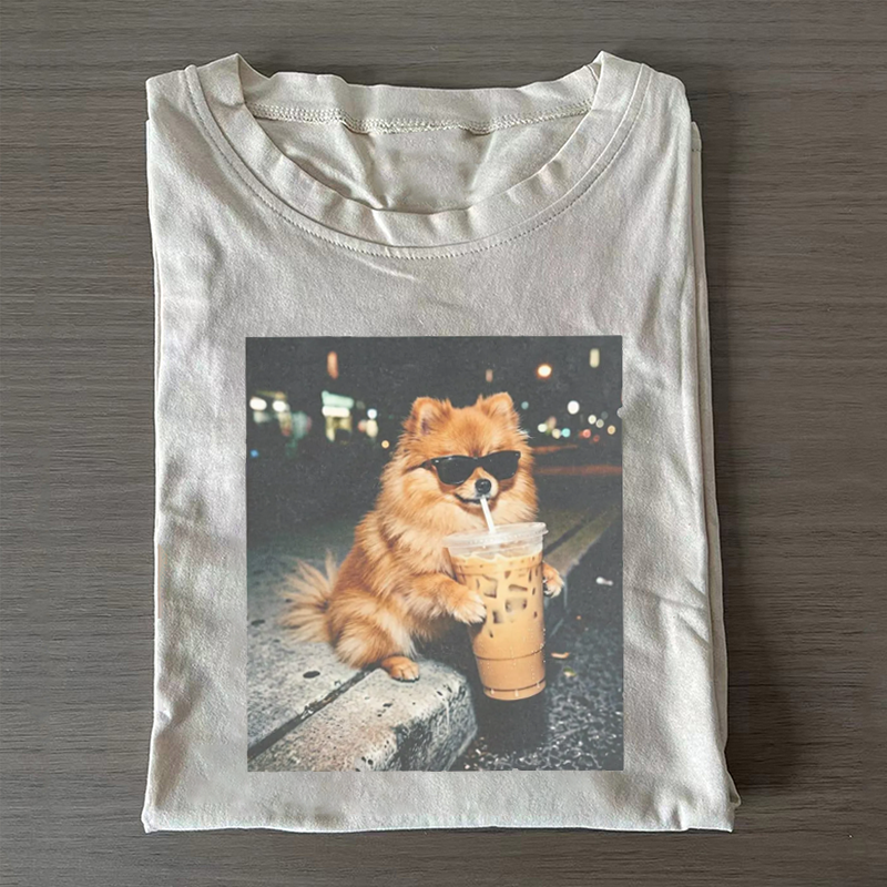 Funny Pomeranian Drinking Iced Coffee T-shirt