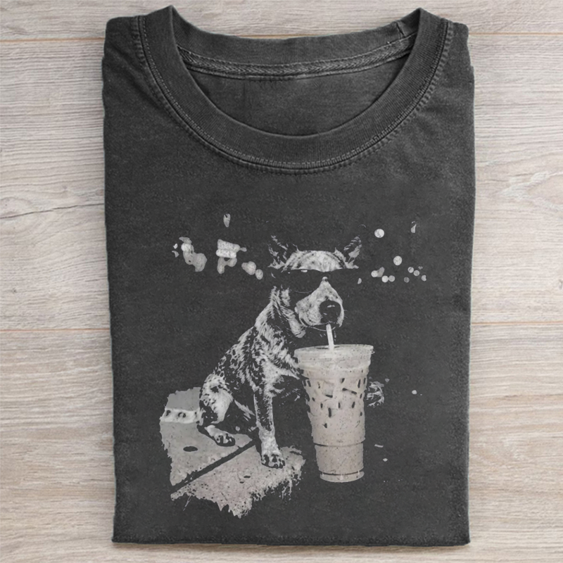 Funny Dog Drinking Iced Coffee T-shirt