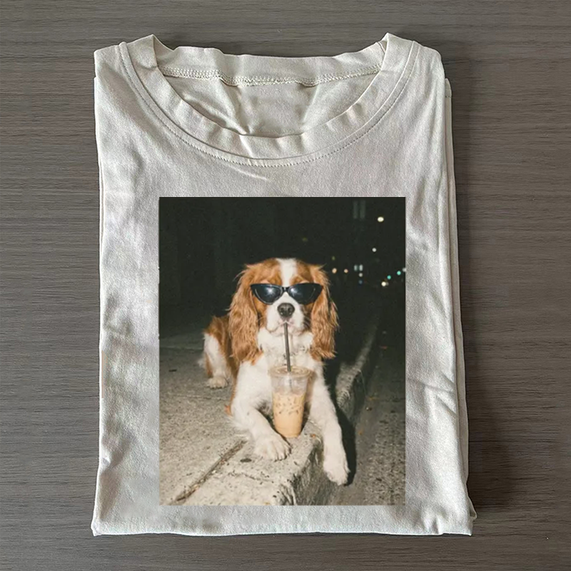 Cavalier King Charles Spaniel Drinking Iced Coffee T-shirt