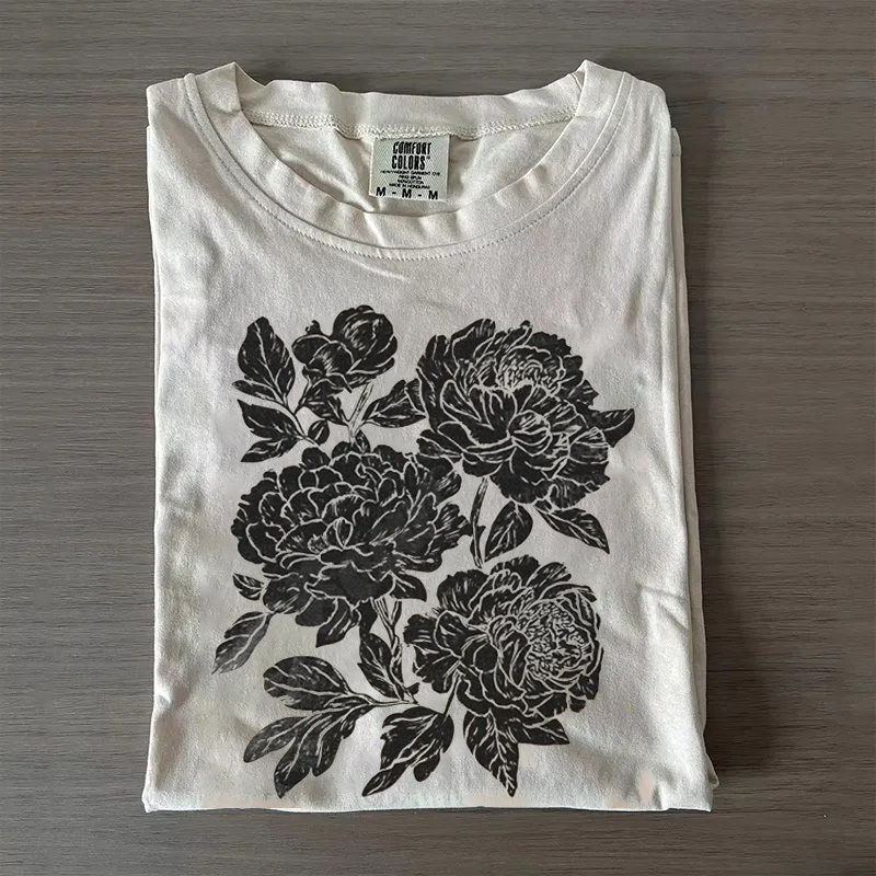 Retro Linocut Peonies Ringer Shirt