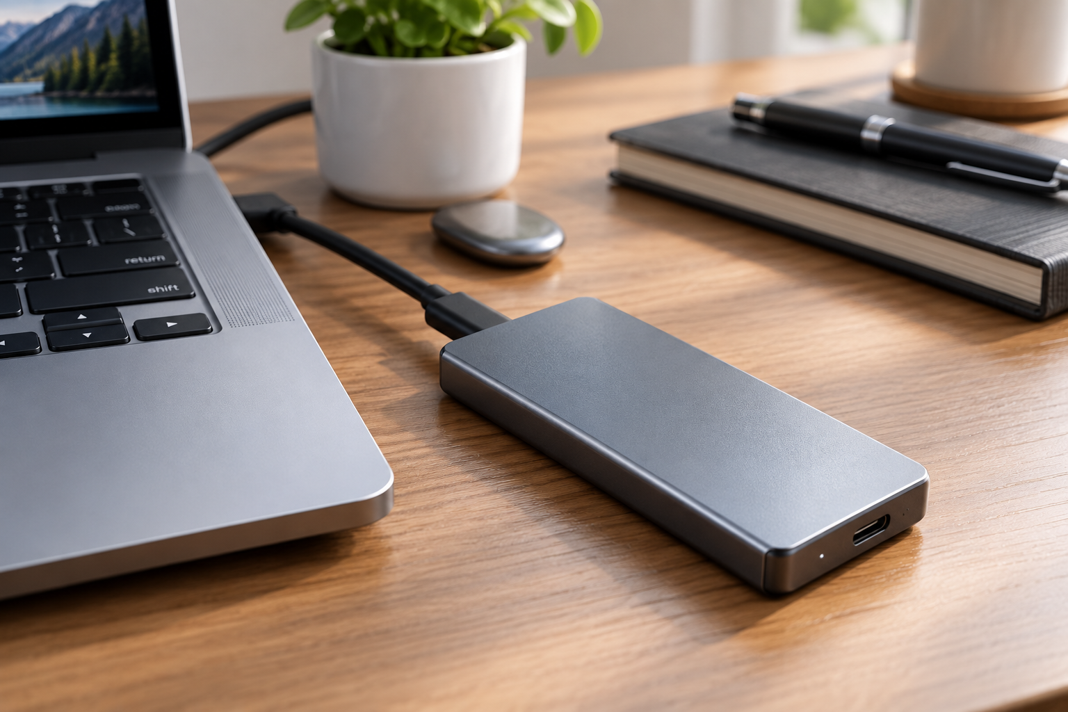 Portable SSD beside laptop