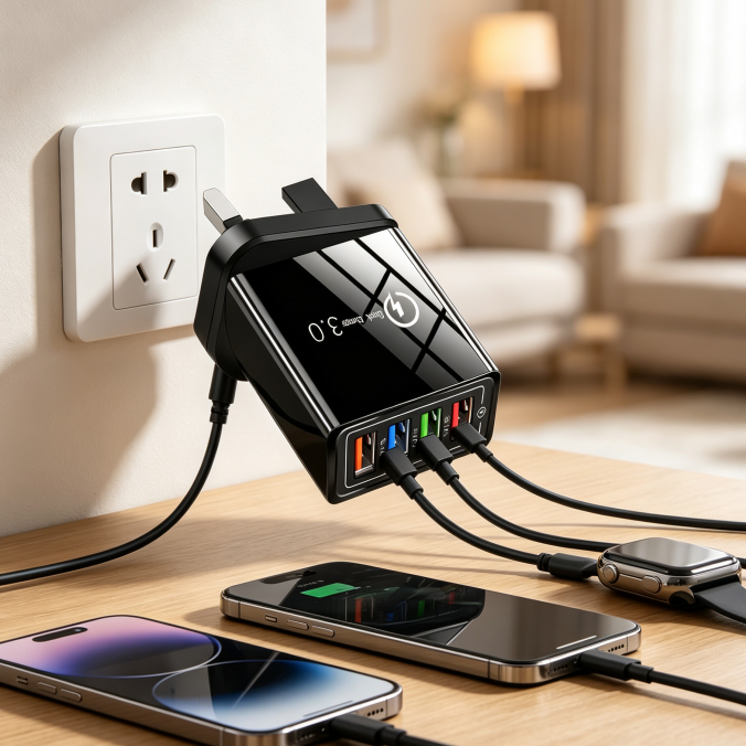 Four devices charging from one four-port wall charger