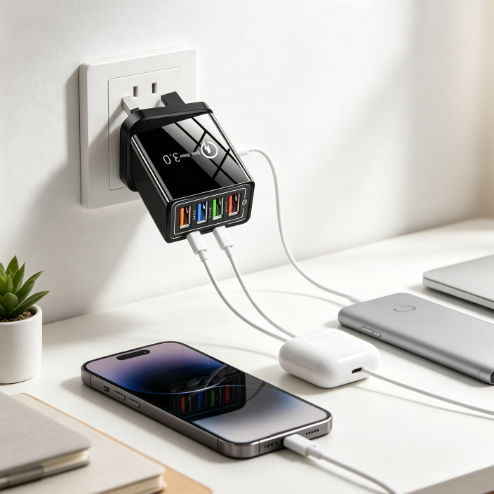 Four-port charger used at a home desk