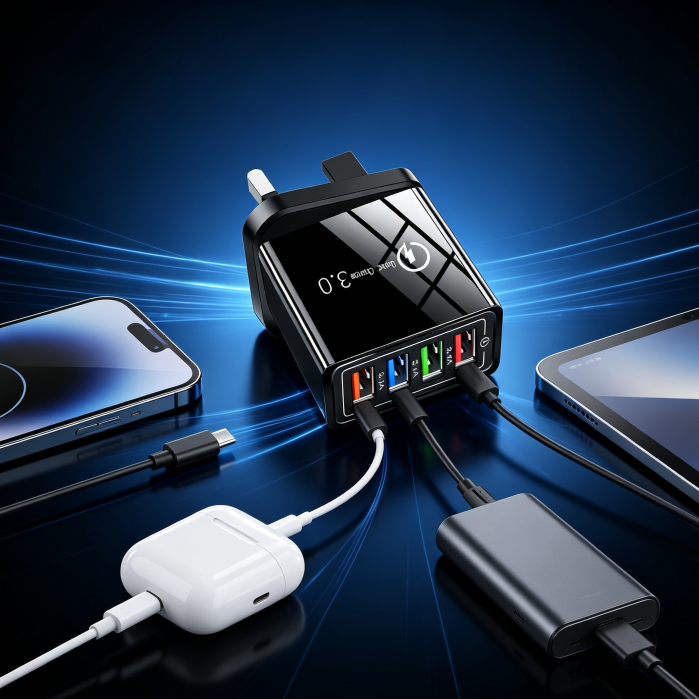 Four-port USB charger powering multiple devices