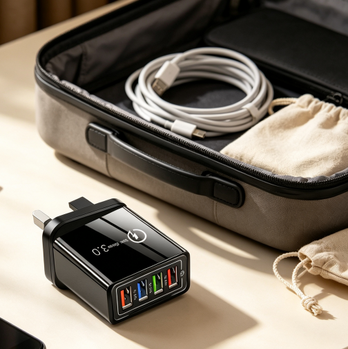 Compact four-port charger beside travel luggage