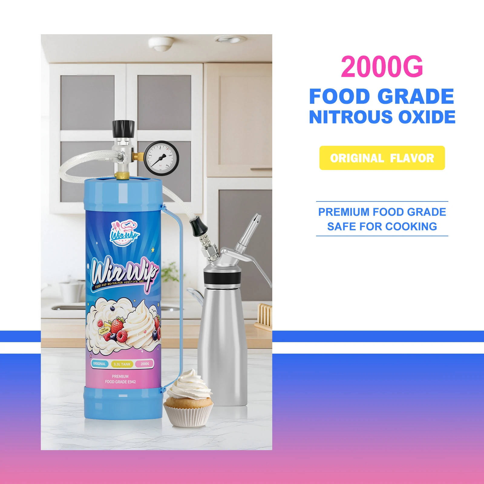 WinWip 3.3L/2000g Whipped Cream Chargers Nitrous Oxide N2O Food Grade Tanks Unflavored