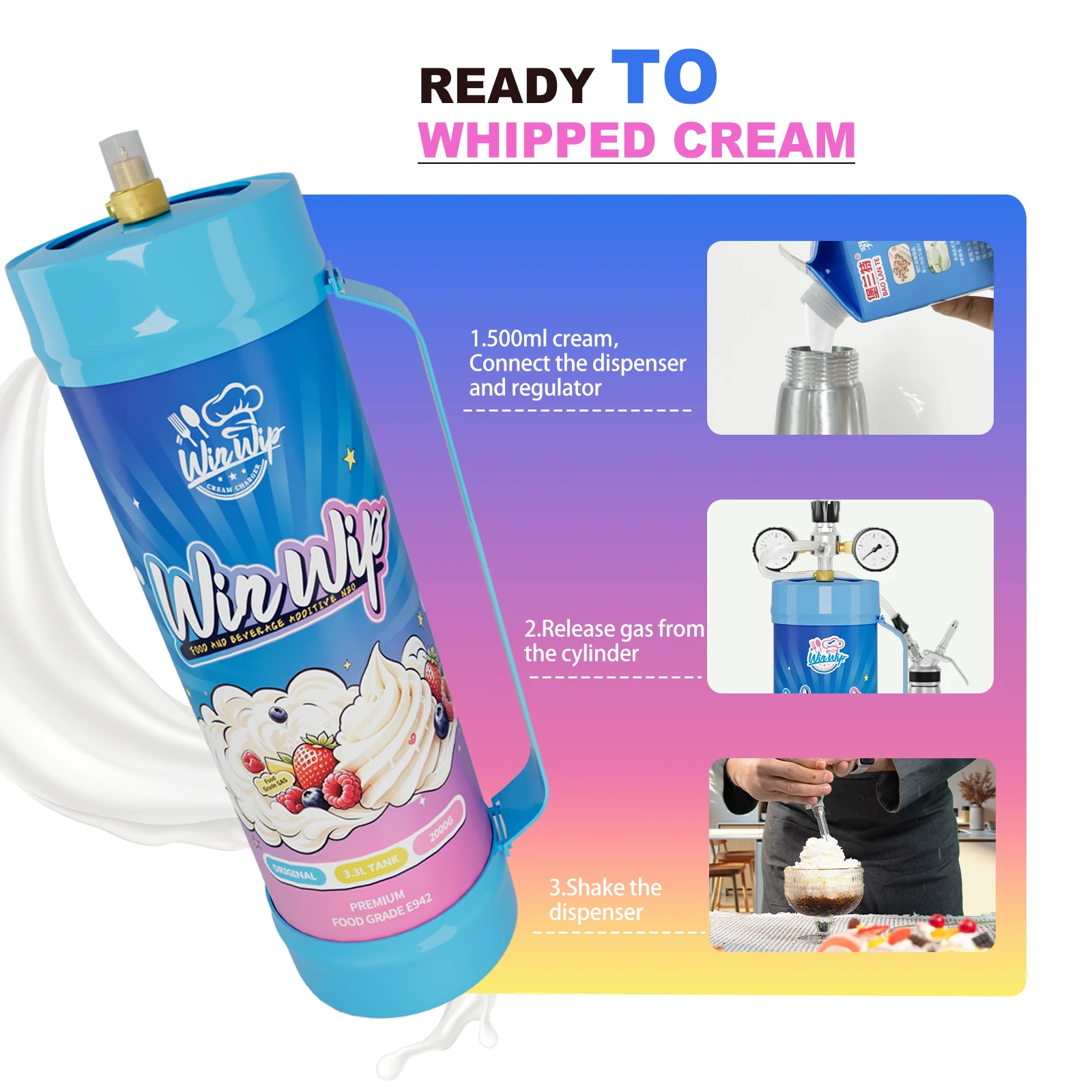 WinWip 3.3L/2000g Whipped Cream Chargers Nitrous Oxide N2O Food Grade Tanks Unflavored