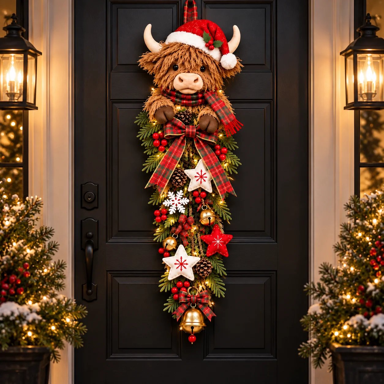 Lighted Highland Cow Christmas Door Swag Night View
