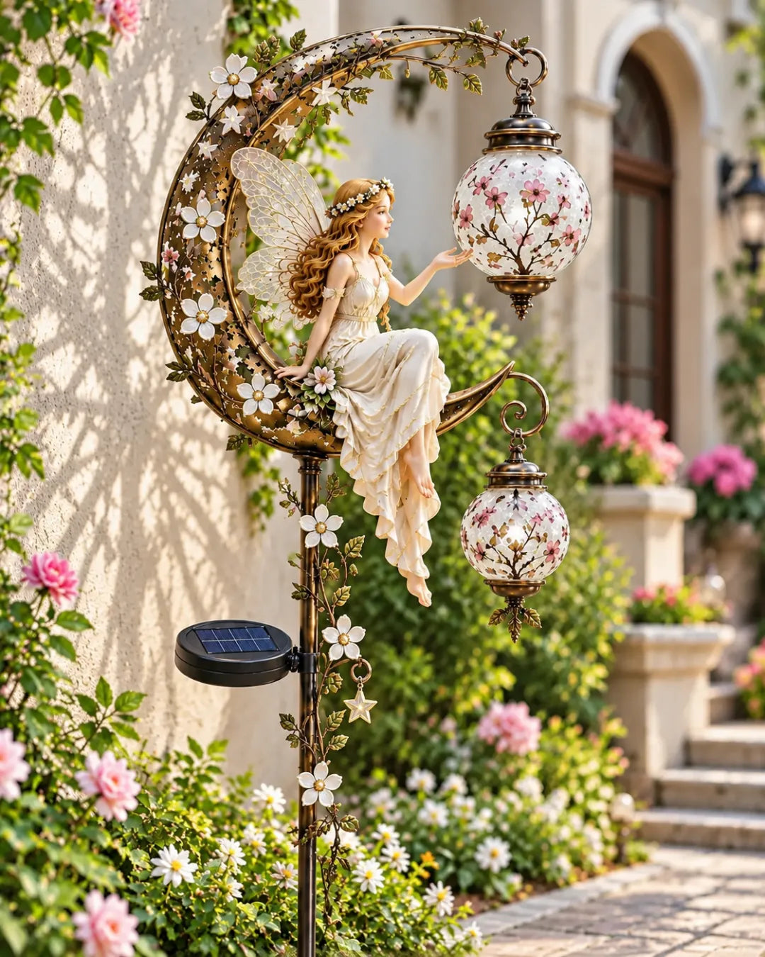 🧚‍♀️🌙 Enchanted Moon Fairy Solar Garden Light | Floral Crescent Lantern Stake, Magical Outdoor Décor & Fairy Garden Accent