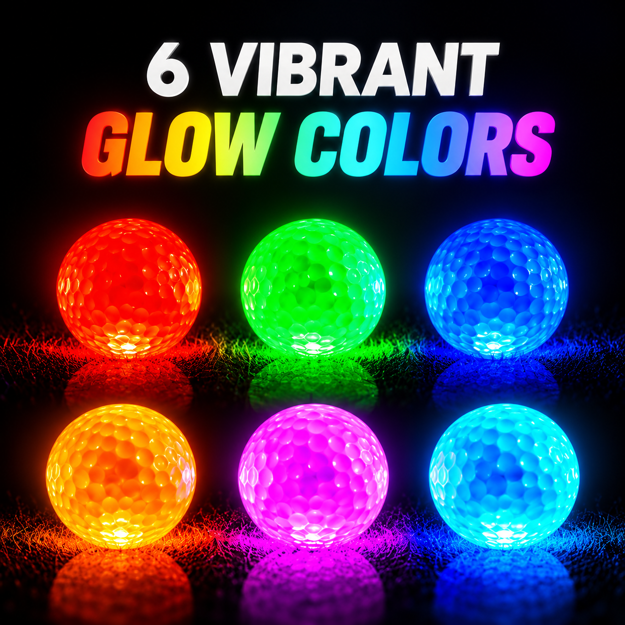 Multiple vibrant colors of glowing golf balls