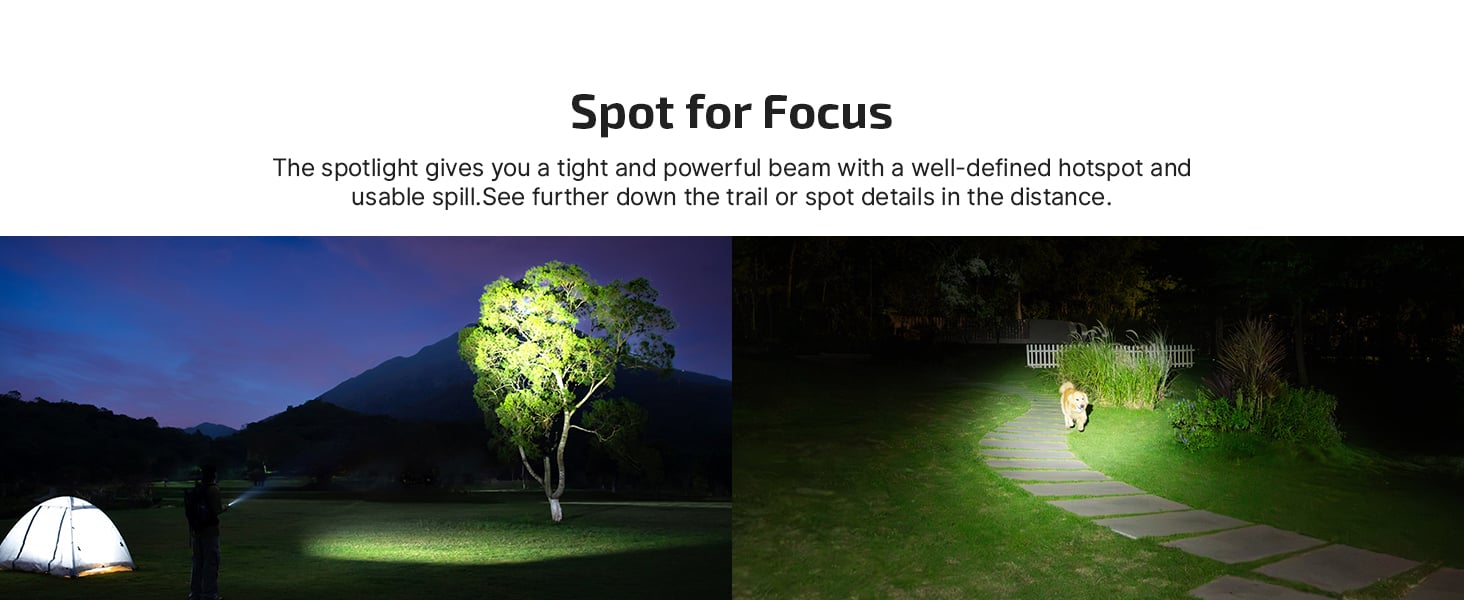 The spotlight with 5 brightness levels is suitable for camping, exploring and night trips