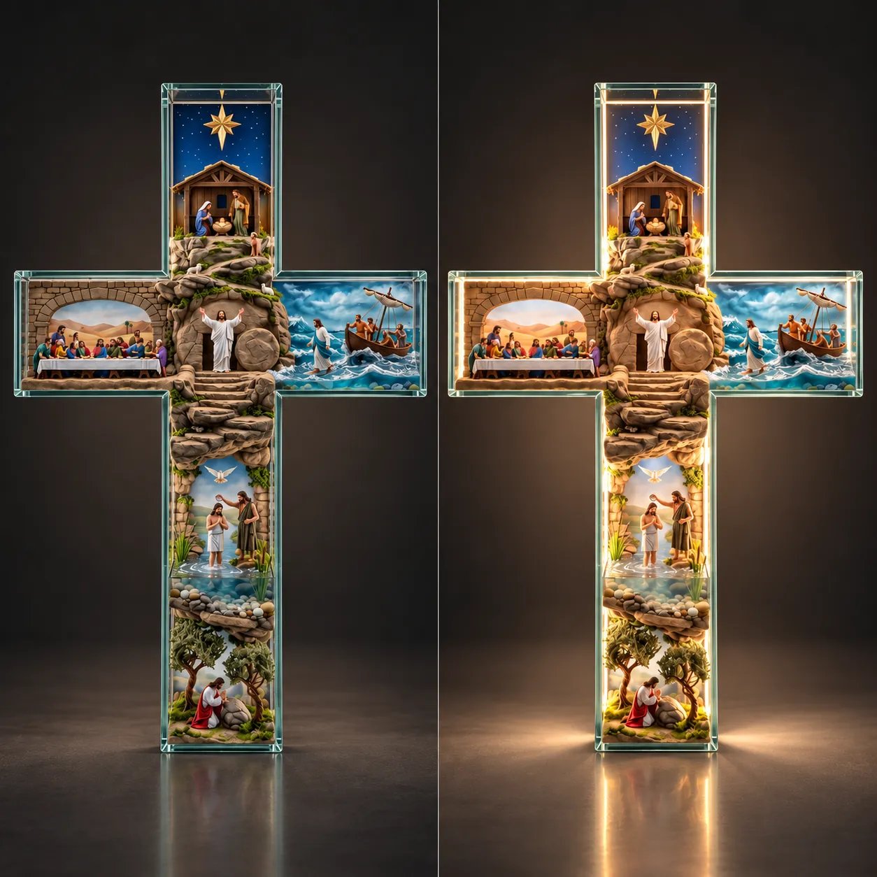 Story of Jesus cross illuminated and unlit comparison
