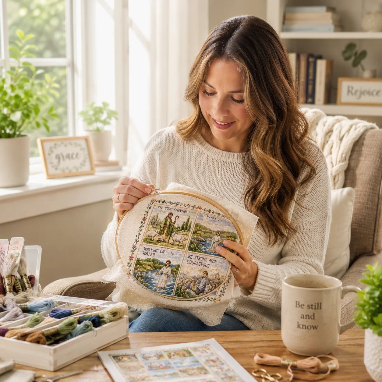 Christian woman enjoying cross stitch during a quiet moment
