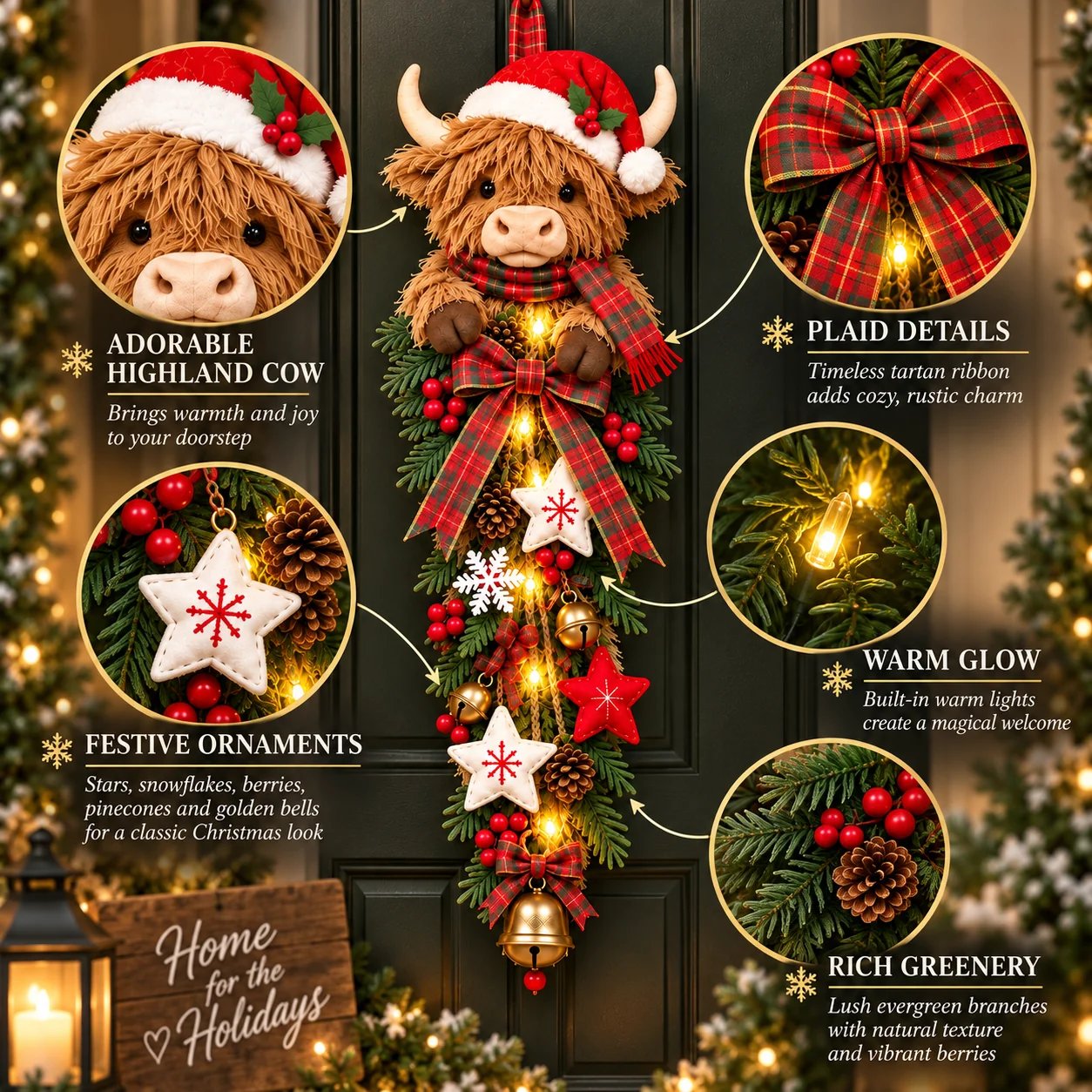 Highland Cow Christmas Door Swag Detail Features