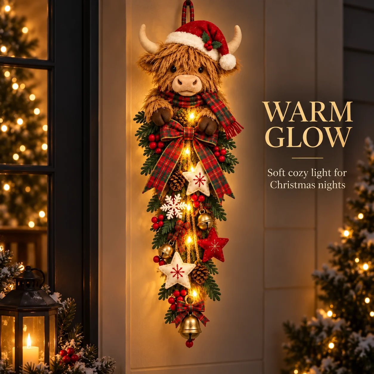 Warm Lighted Highland Cow Christmas Door Swag