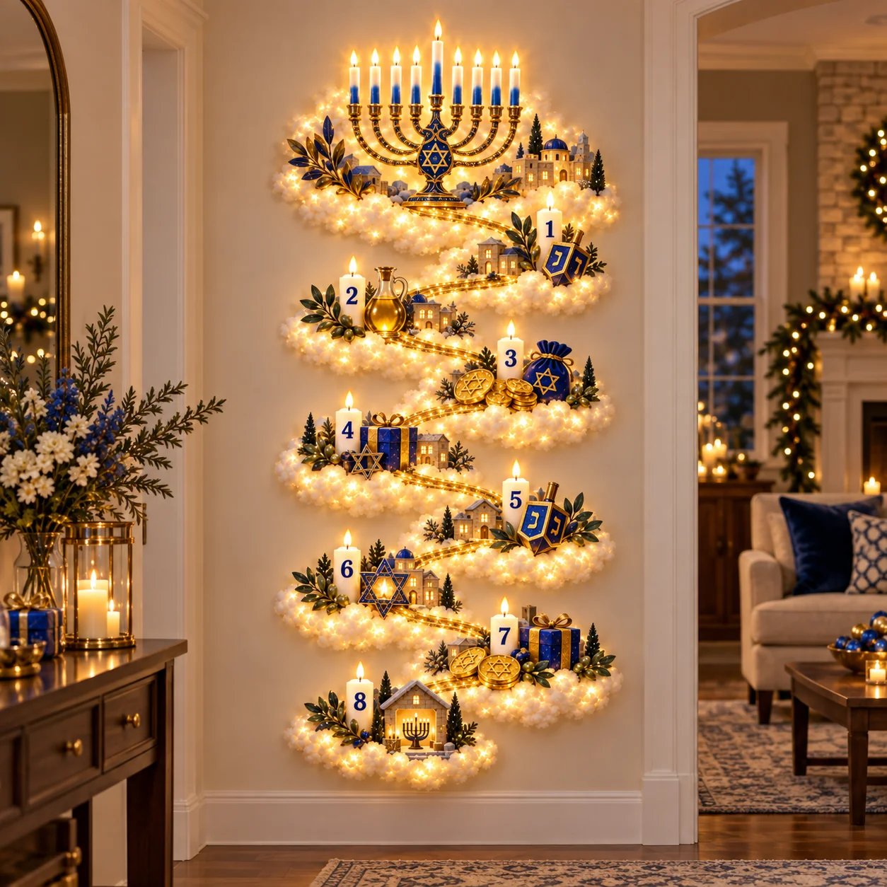 Hanukkah wall decor showing the eight nights numbered one through eight