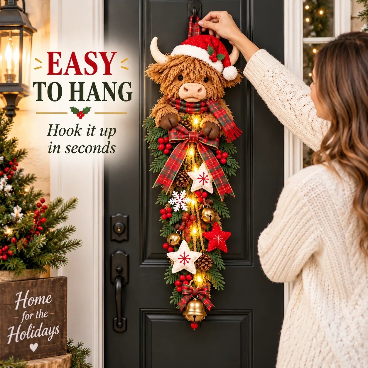 Easy to Hang Highland Cow Christmas Door Swag