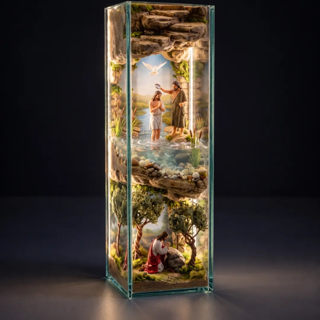 Baptism and prayer scenes in illuminated Jesus cross