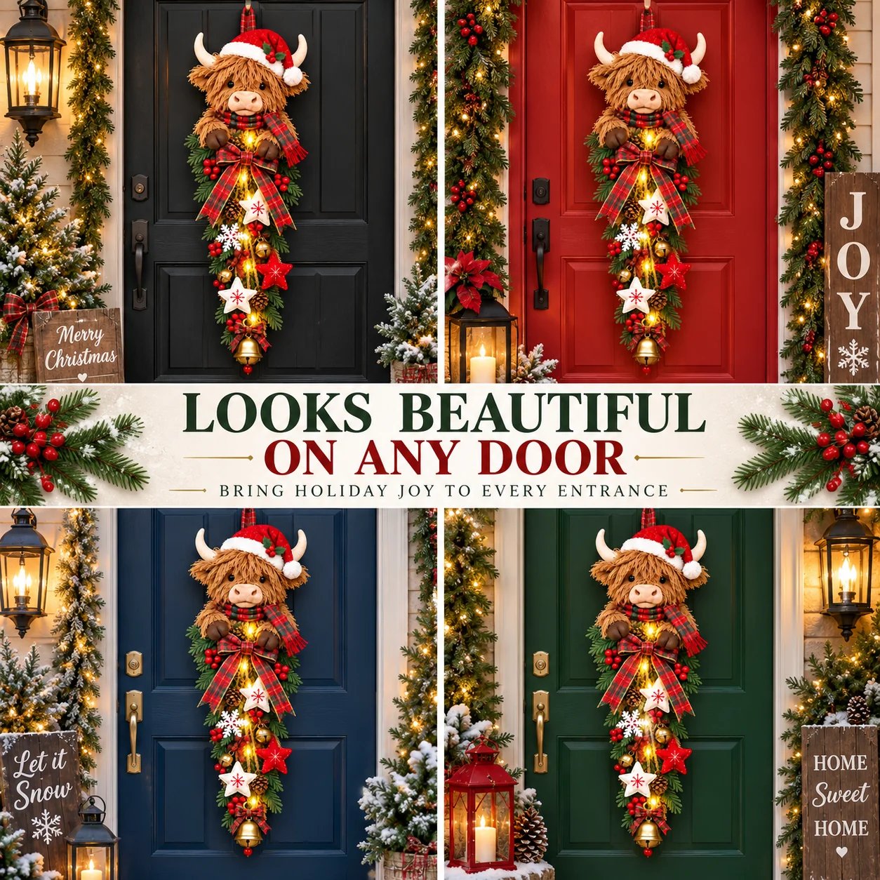 Highland Cow Christmas Door Swag on Multiple Door Colors